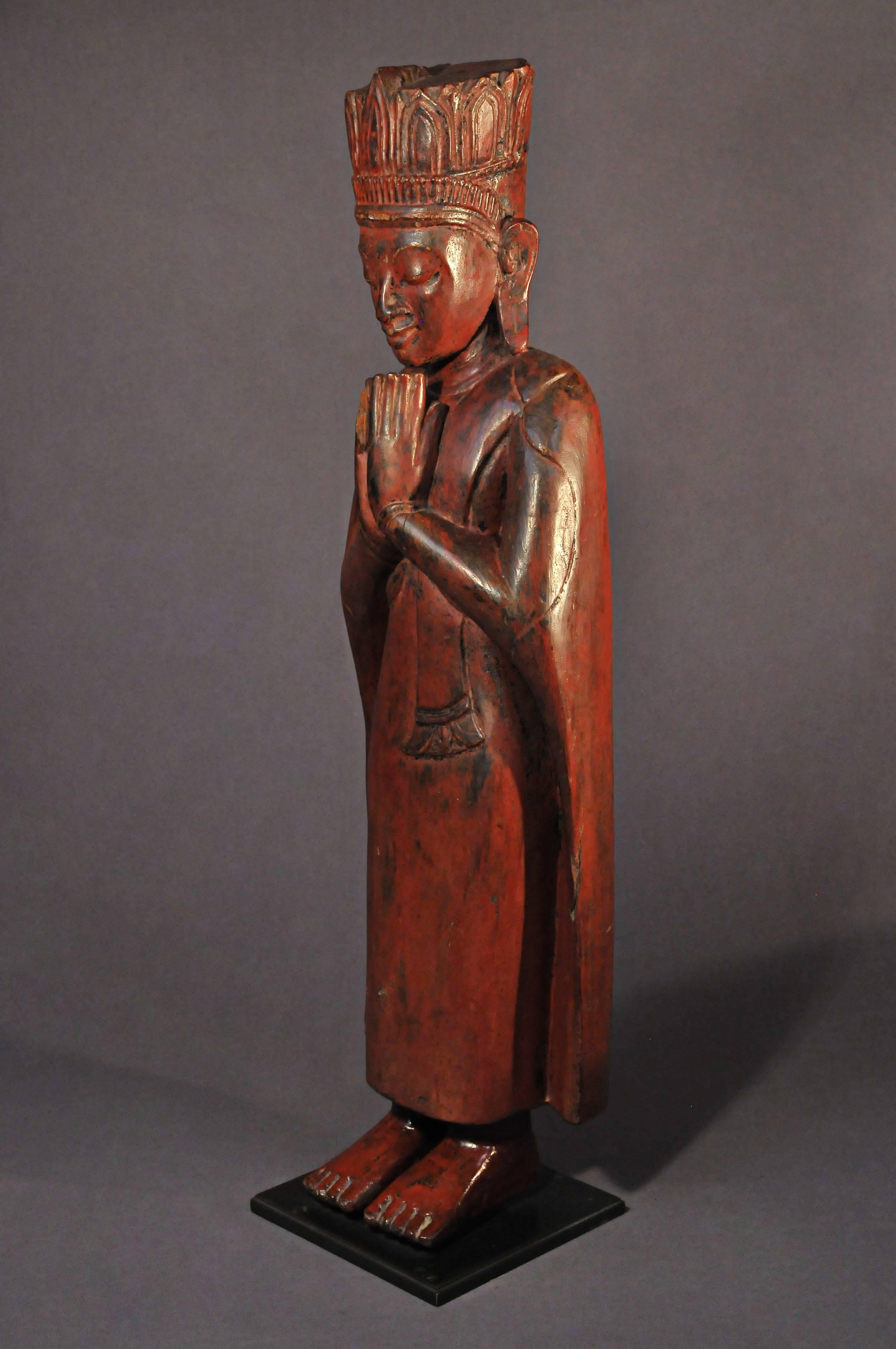 Burmese 16th Century, Lacquered Wood Standing Monks in Anjali Mudra, Pagan Period, Burma