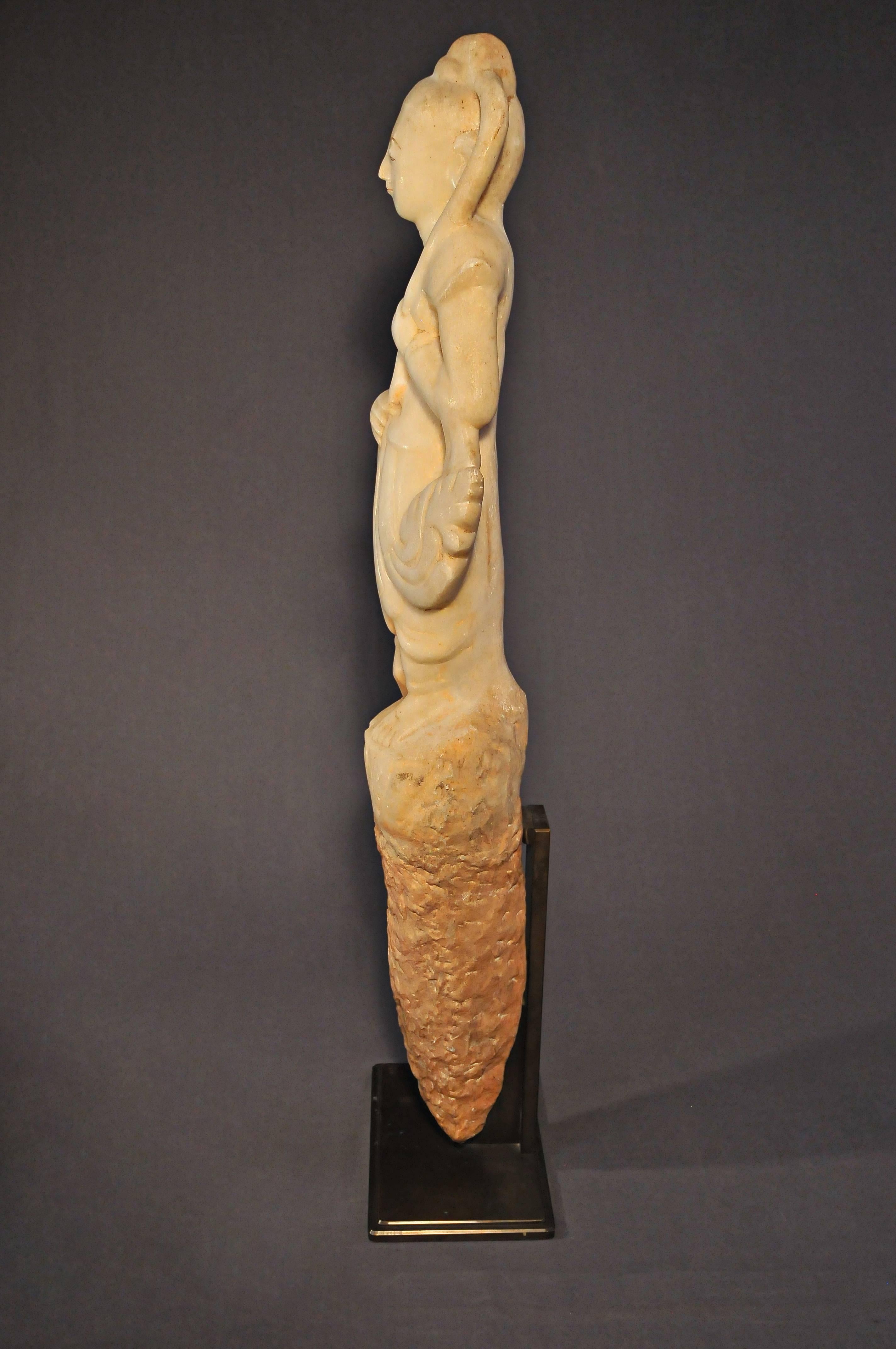 Hand-Carved Late 14th Century, Marble statue of Prah Mae Torani, Pagan period, Art of Burma For Sale