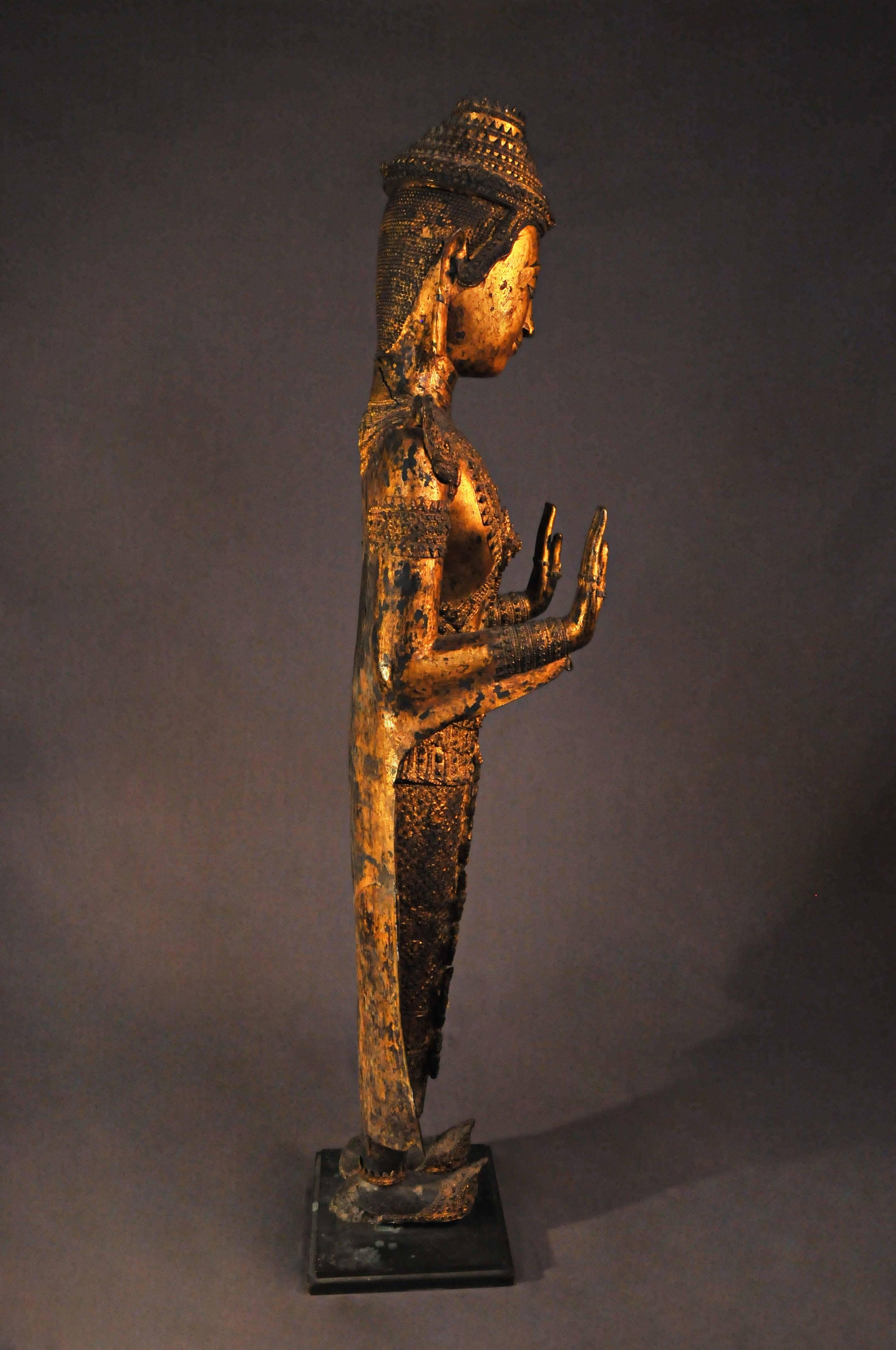 Gilt 18th Century, Gilded Bronze, Crowned Buddha in Abhaya Mudra, Art of Thailand For Sale