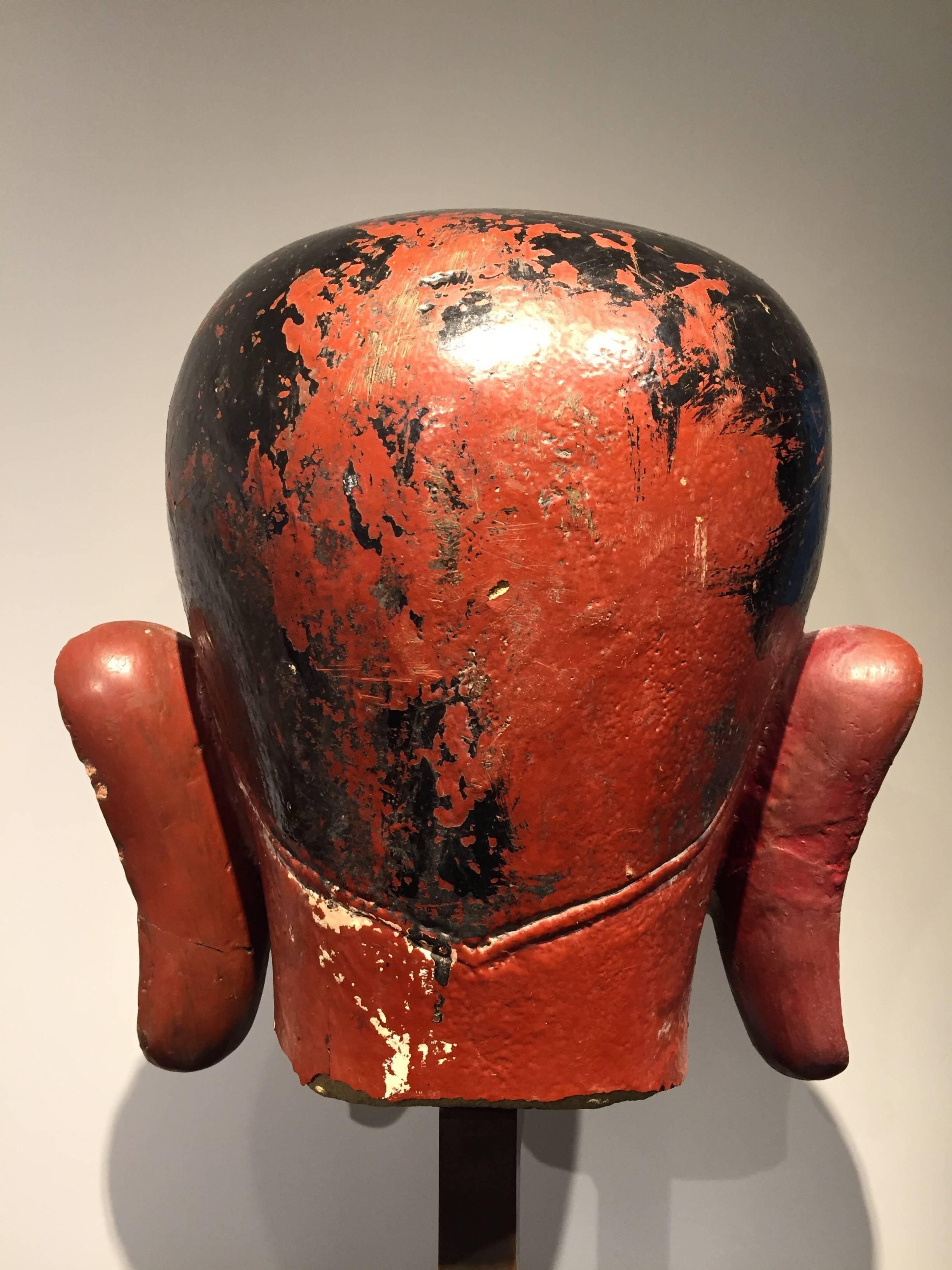 Hand-Carved 14th Century Sandstone wth Red and Black Lacquer Lohan Head, Pagan Period, Burma For Sale
