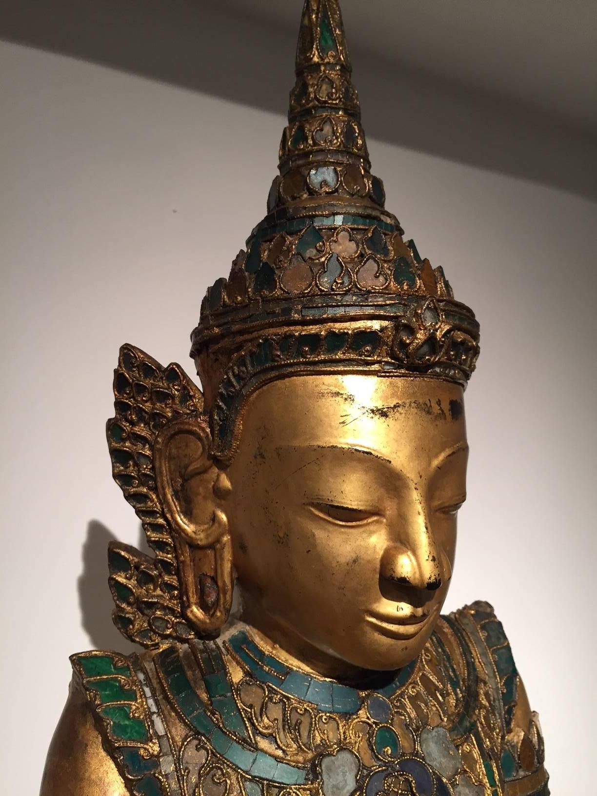 Early 19th Century, Gilt Lacquer with Glass Inlay Crowned Buddha, Thailand 1