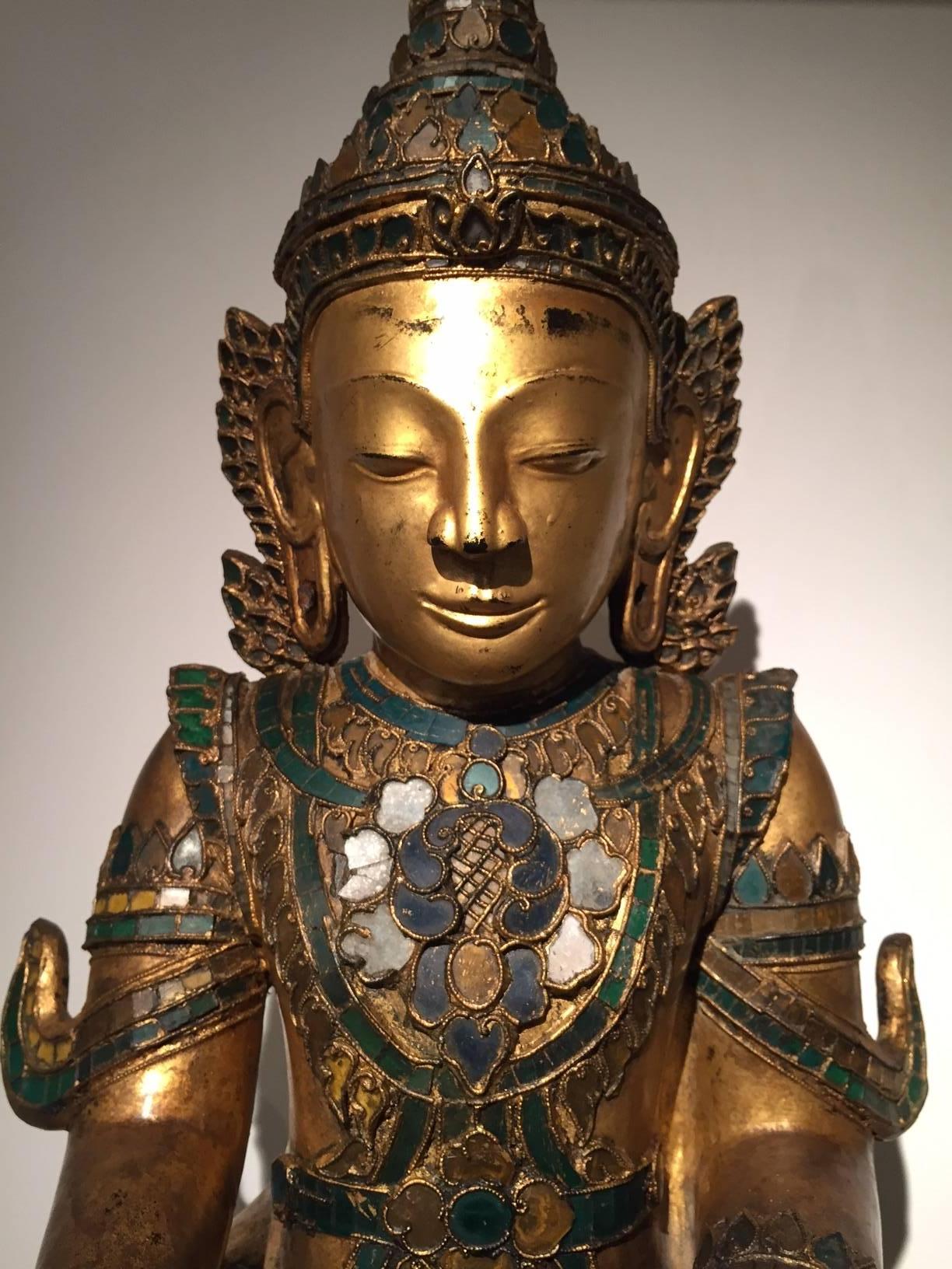 Early 19th Century, Gilt Lacquer with Glass Inlay Crowned Buddha, Thailand 2