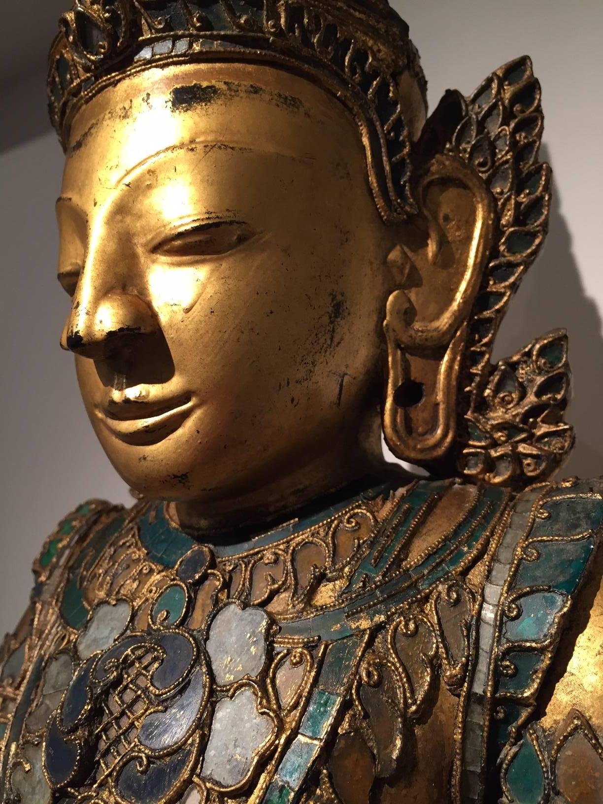 Early 19th Century, Gilt Lacquer with Glass Inlay Crowned Buddha, Thailand 3
