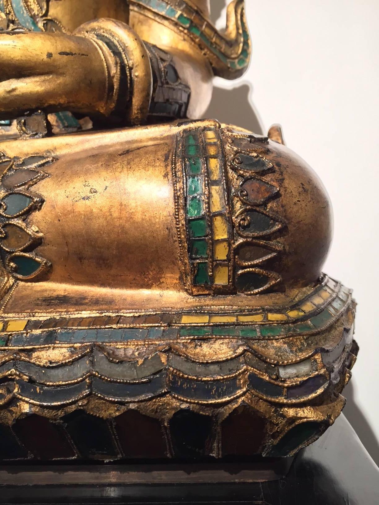 Early 19th Century, Gilt Lacquer with Glass Inlay Crowned Buddha, Thailand 5