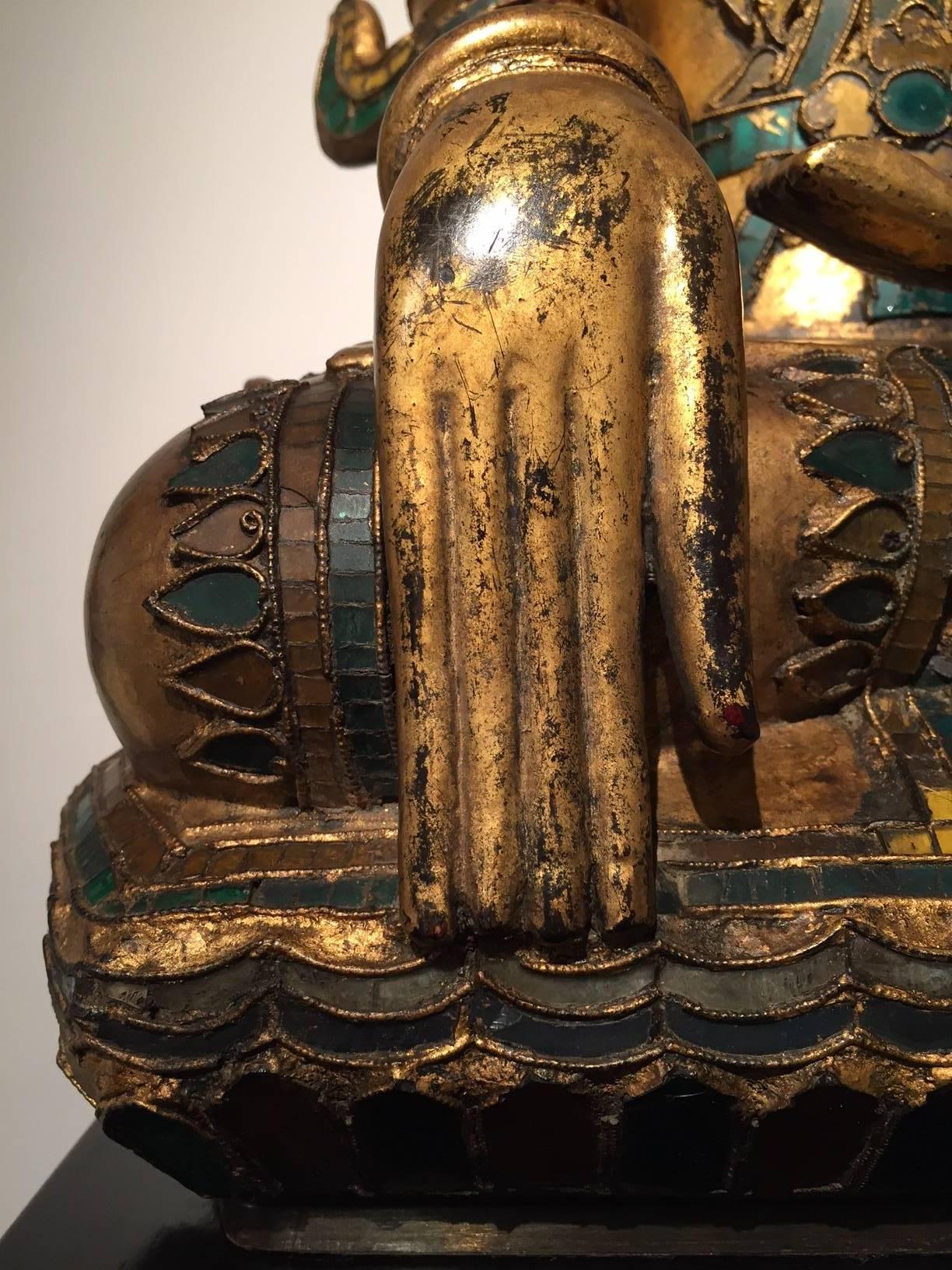 Early 19th Century, Gilt Lacquer with Glass Inlay Crowned Buddha, Thailand 4