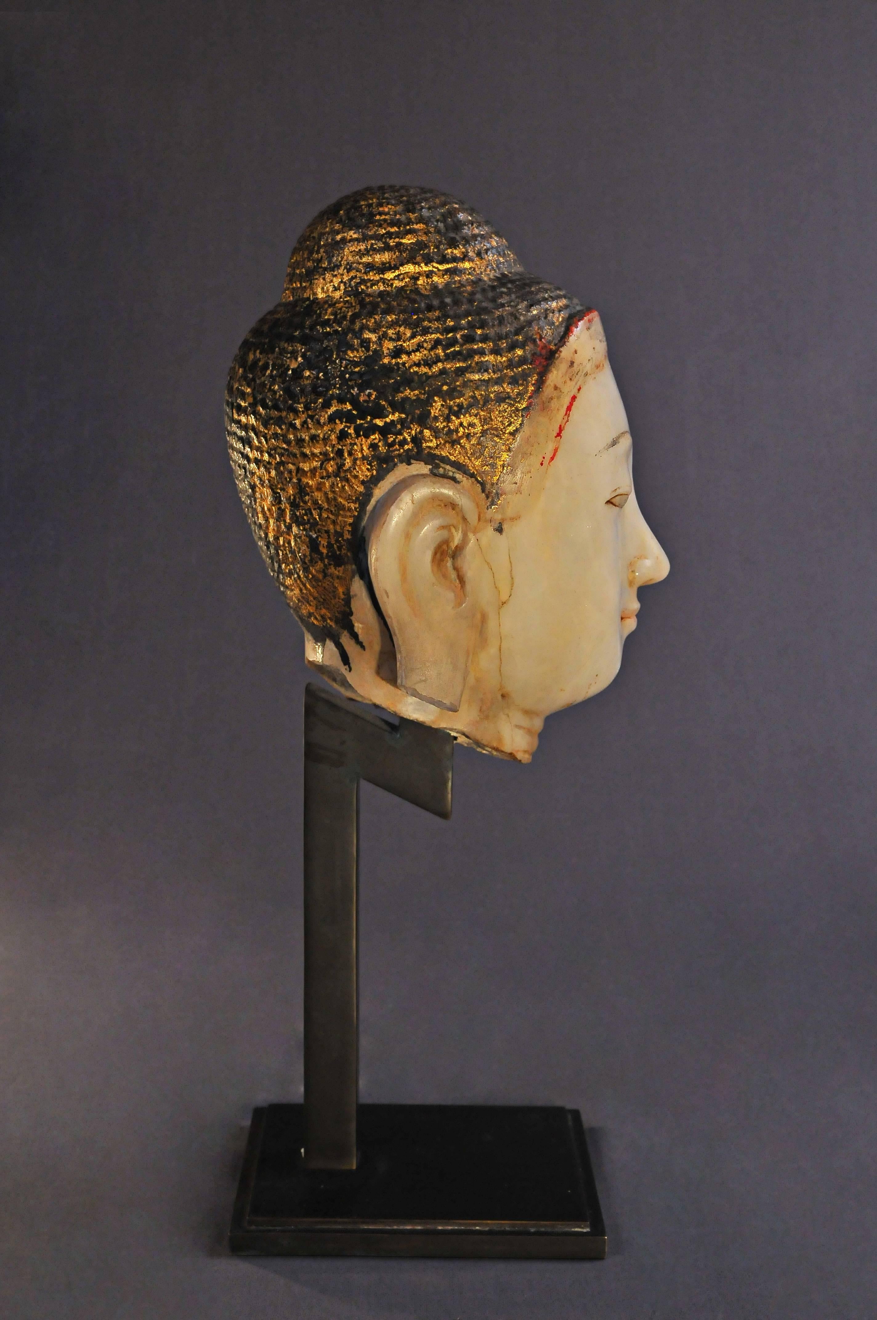 Burmese 19th Century, Alabaster with Lacquer Buddha Head, Mandalay Period, Art of Burma For Sale