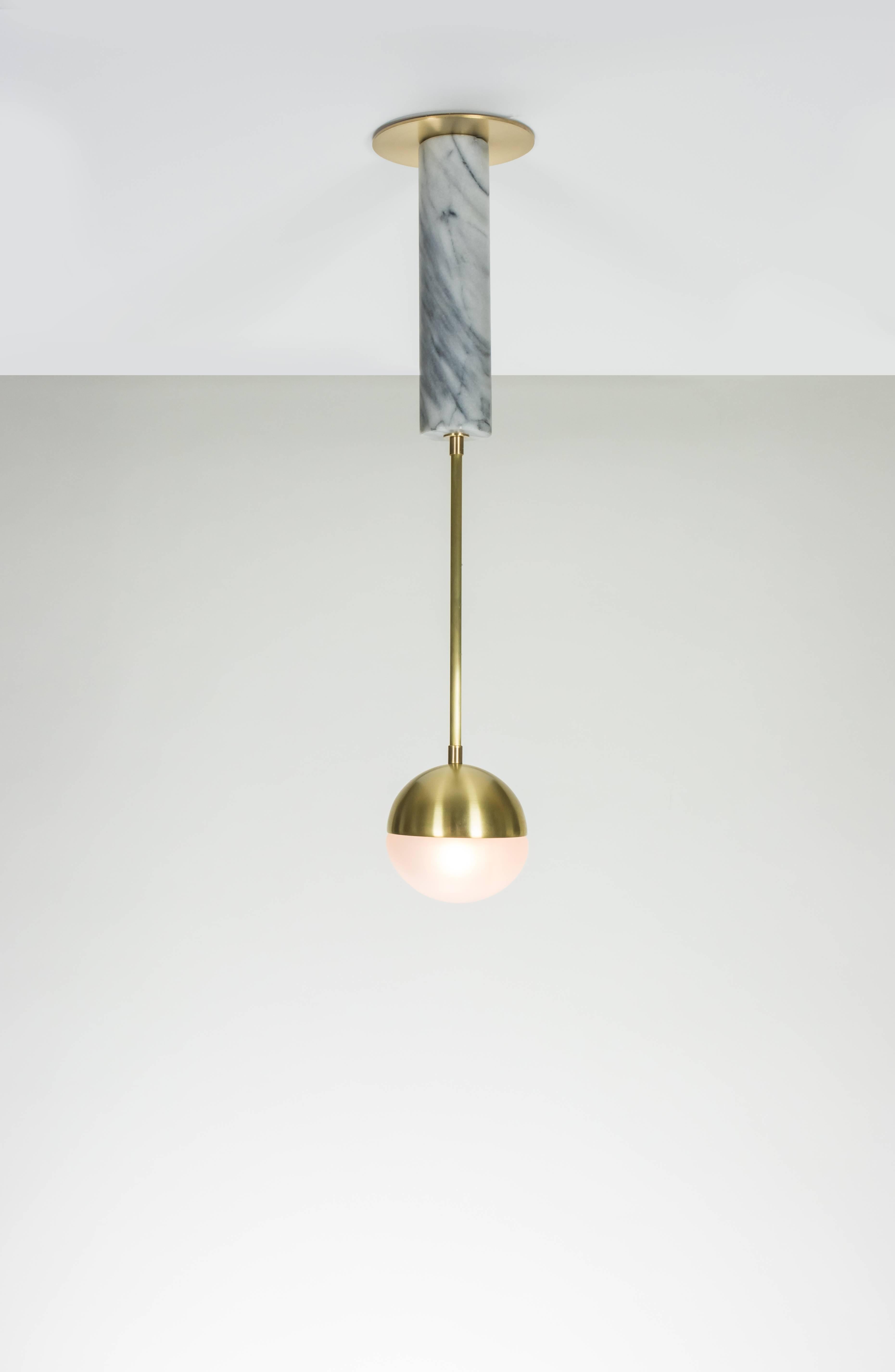 Meridian Single (Orb) Contemporary Pendant, Handblown Glass, Brass, Marble In New Condition For Sale In Savannah, GA
