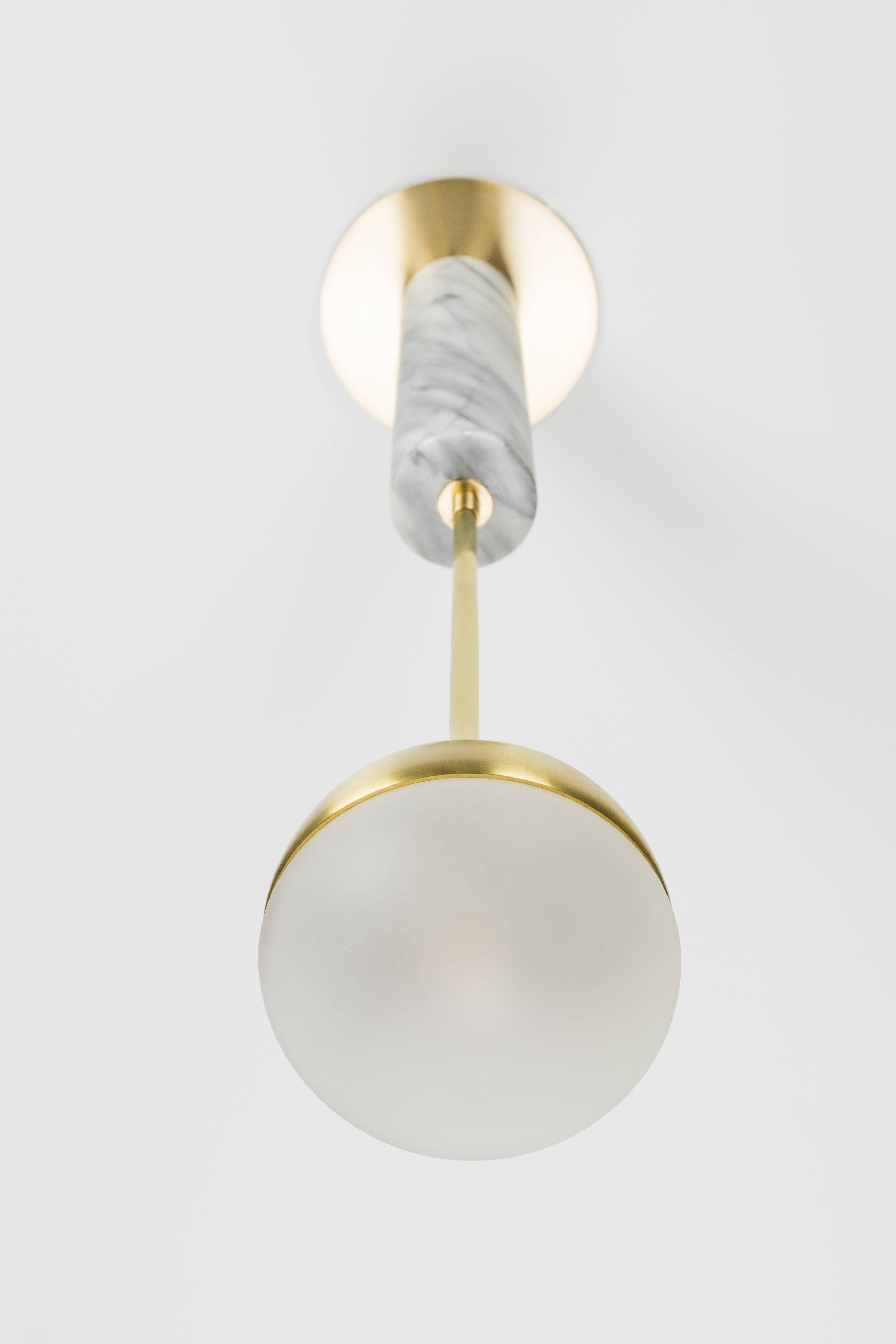 Meridian Single (Orb) Contemporary Pendant, Handblown Glass, Brass, Marble For Sale 1