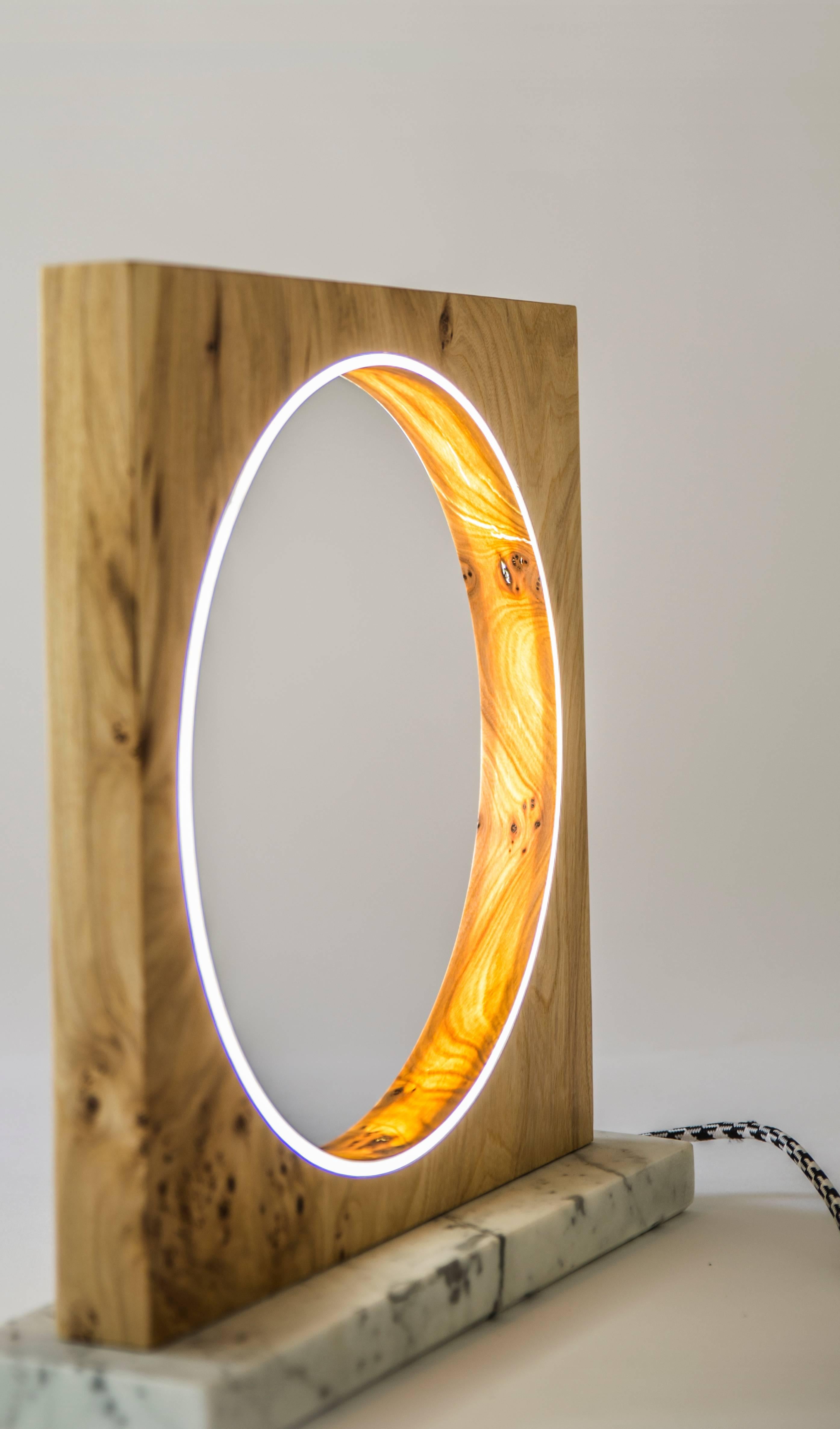 American Eclipse, Tabletop Light Sculpture in Elm and Marble by Kalin Asenov