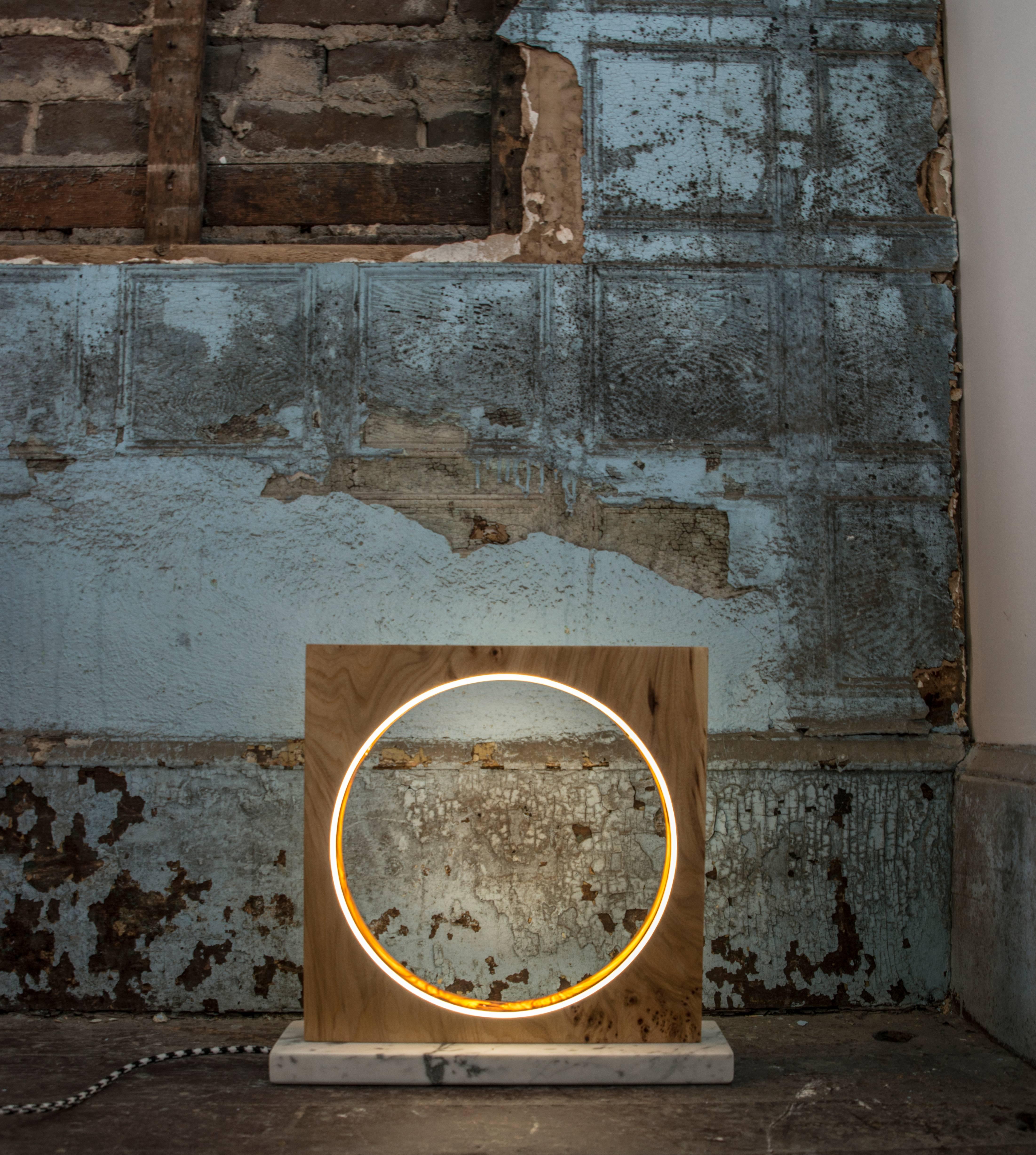 Modern Eclipse, Tabletop Light Sculpture in Elm and Marble by Kalin Asenov