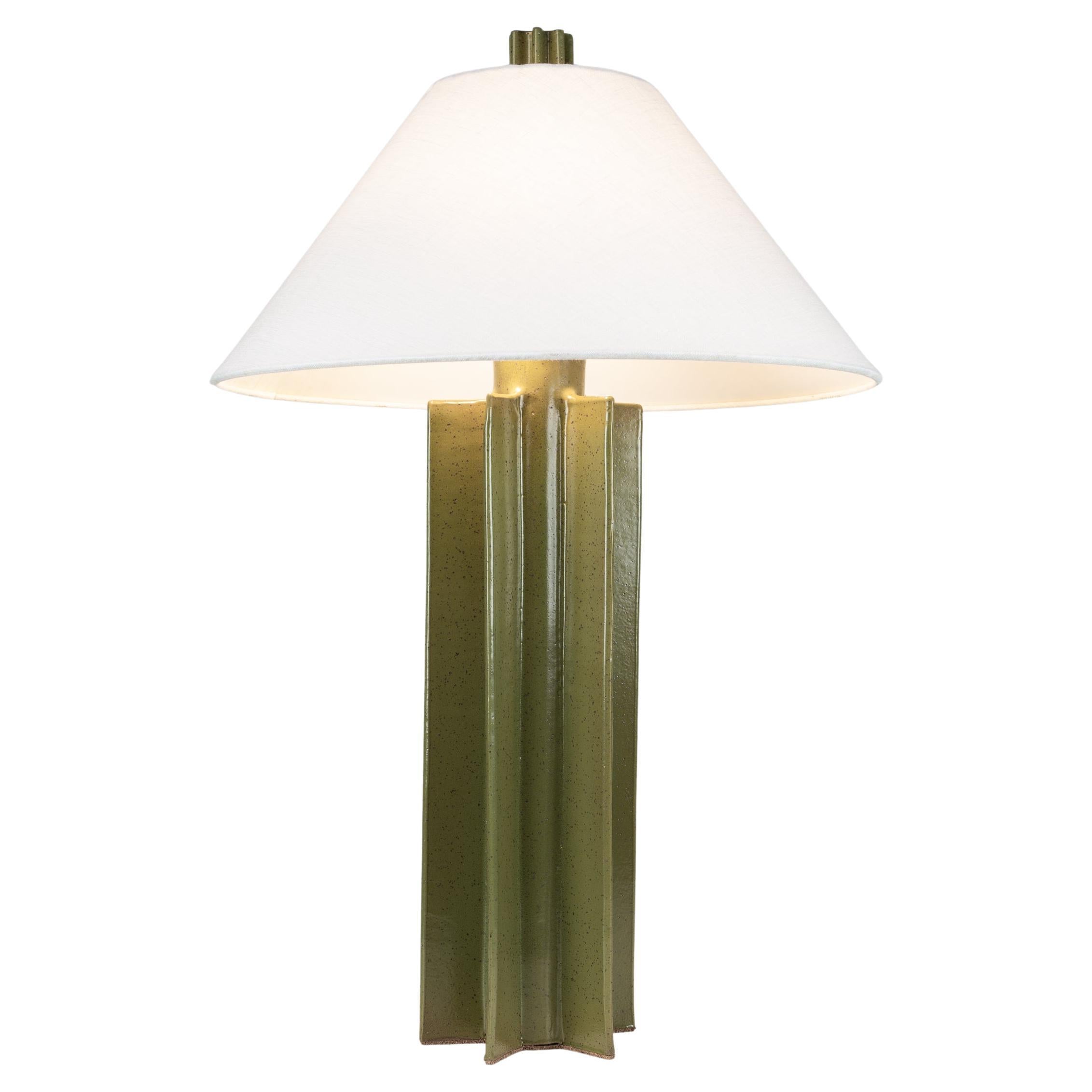 FIN Shade Ceramic Table Lamp, Hand Built, Green Satin Glaze, by Kalin Asenov For Sale