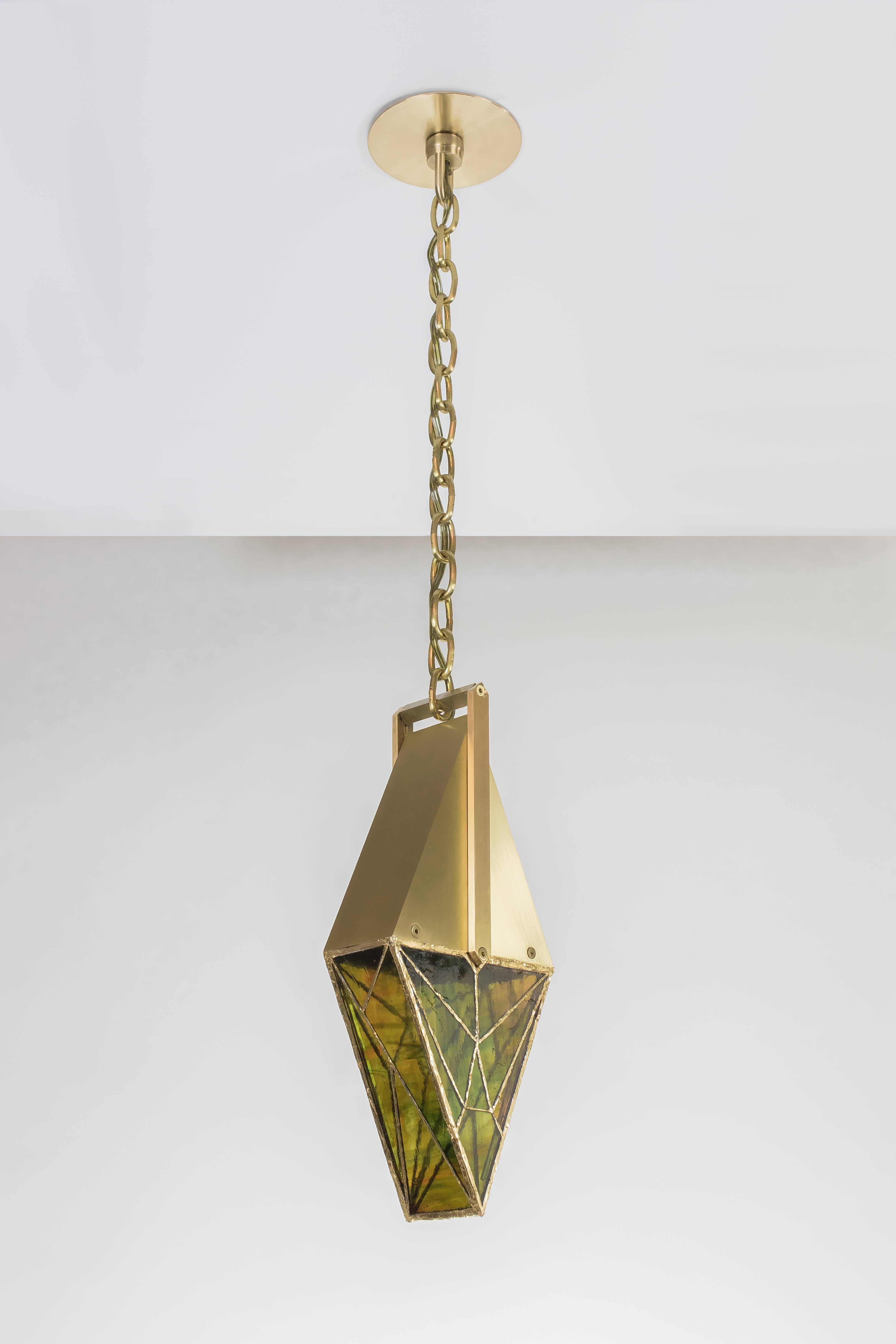 Brushed Trilliant, Brass and Stained Glass Contemporary Pendant by Kalin Asenov, 2016 For Sale