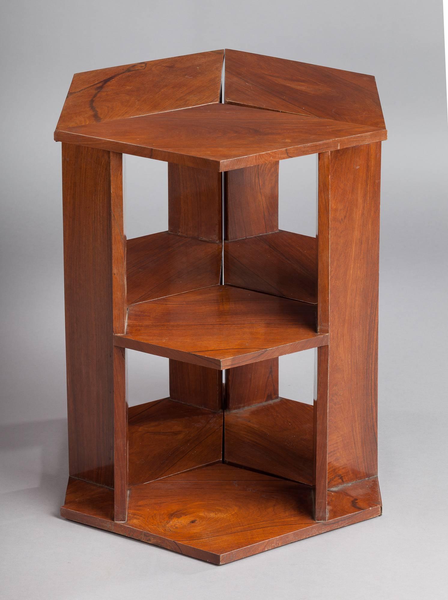 Three quadrangle side tables in cheerywood tree could forming the hexagon table or can be used separately in the manner of Eugene Printz.