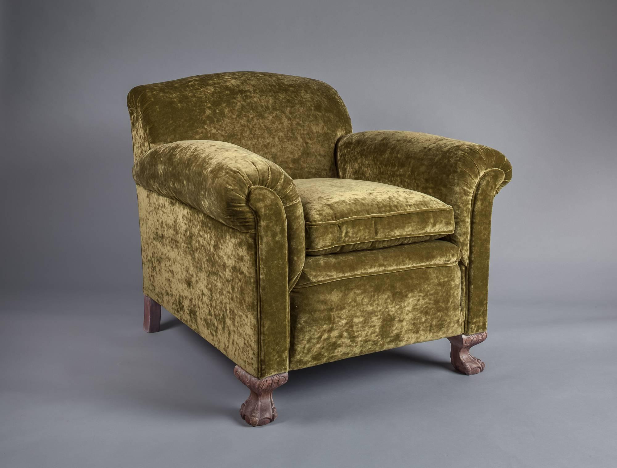 Pair of exceptional french club armchairs in the manner of Jean-Charles Moreux (1889-1956),  newly upholstered in beautiful Dedar velvet