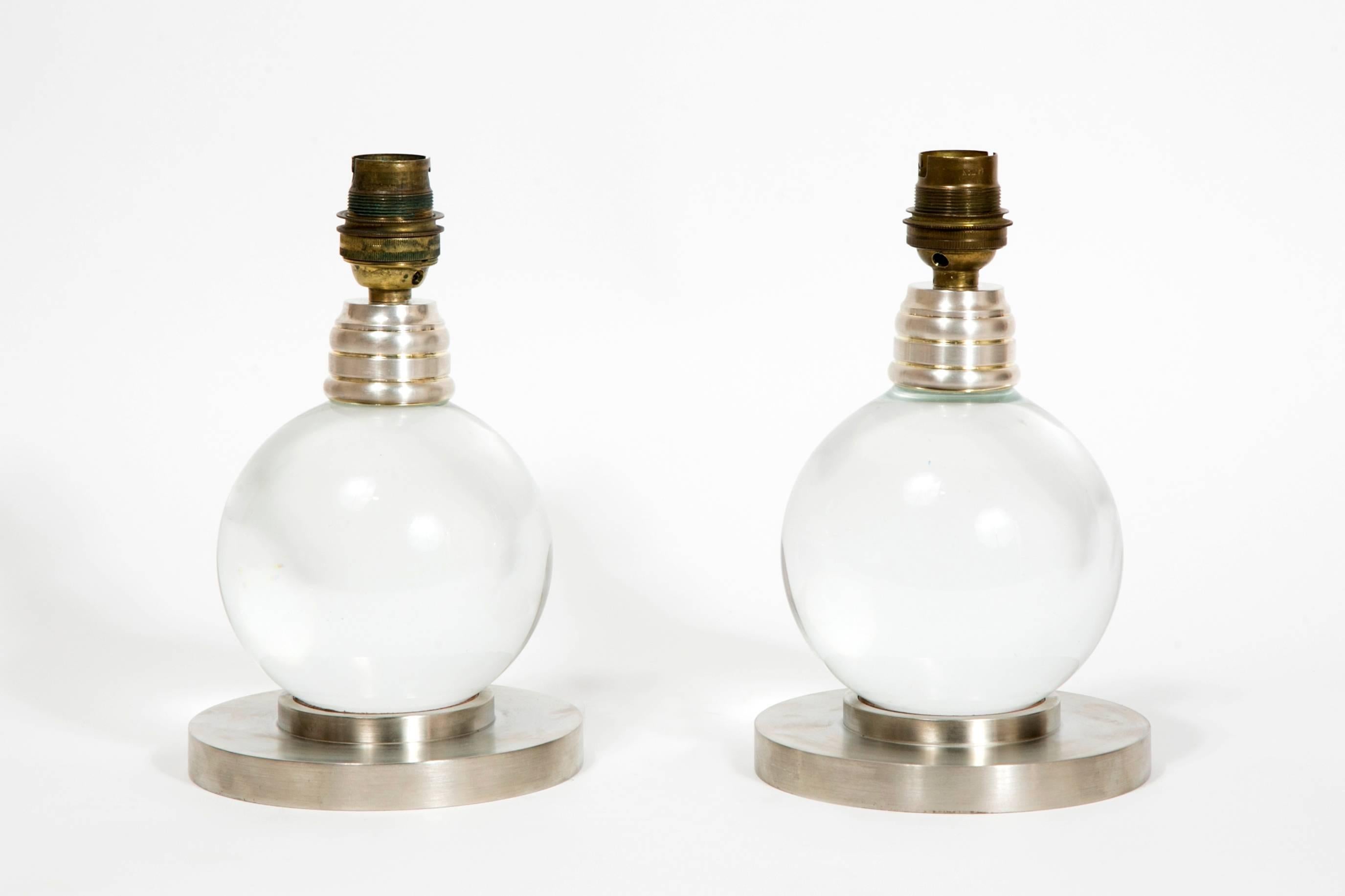 Pair of Art Deco Crystal Ball Lamps by Jacques Adnet In Excellent Condition In Paris, FR