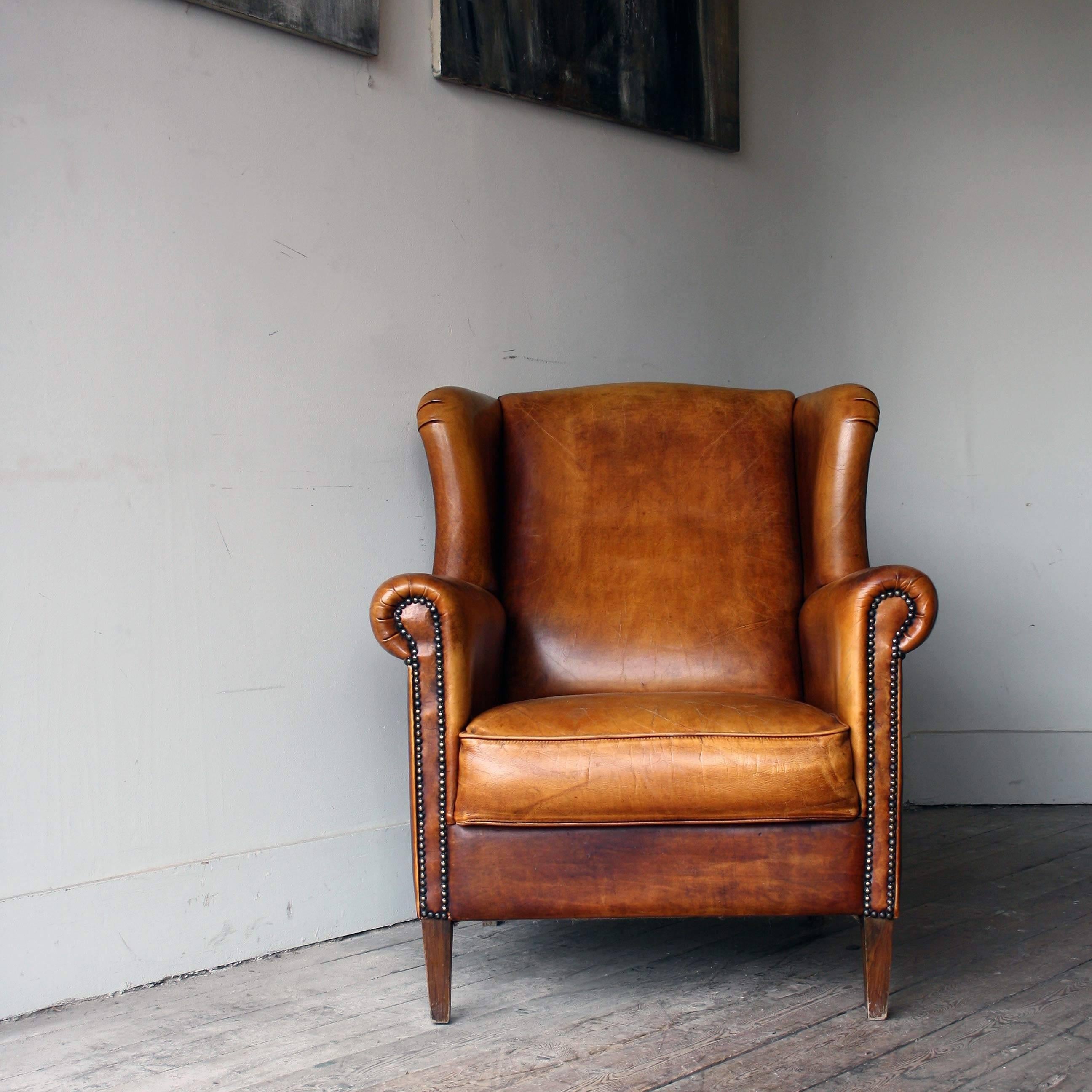 Late 20th Century Tan Leather Wingback 1