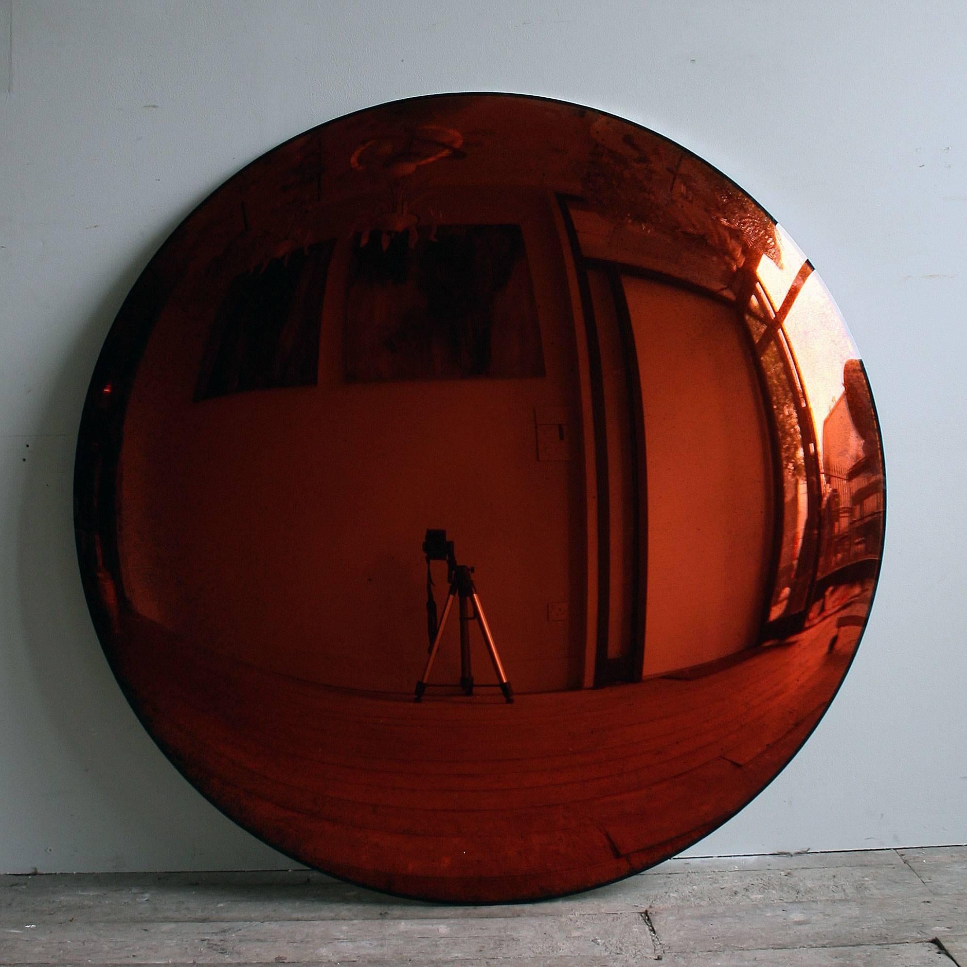A large antiqued copper convex mirror 100cm in diameter, each mirror is unframed but come with three bespoke clips for wall installation. A real statement piece!

All colour mirrors have a two-three week lead time as all made to order.

As each