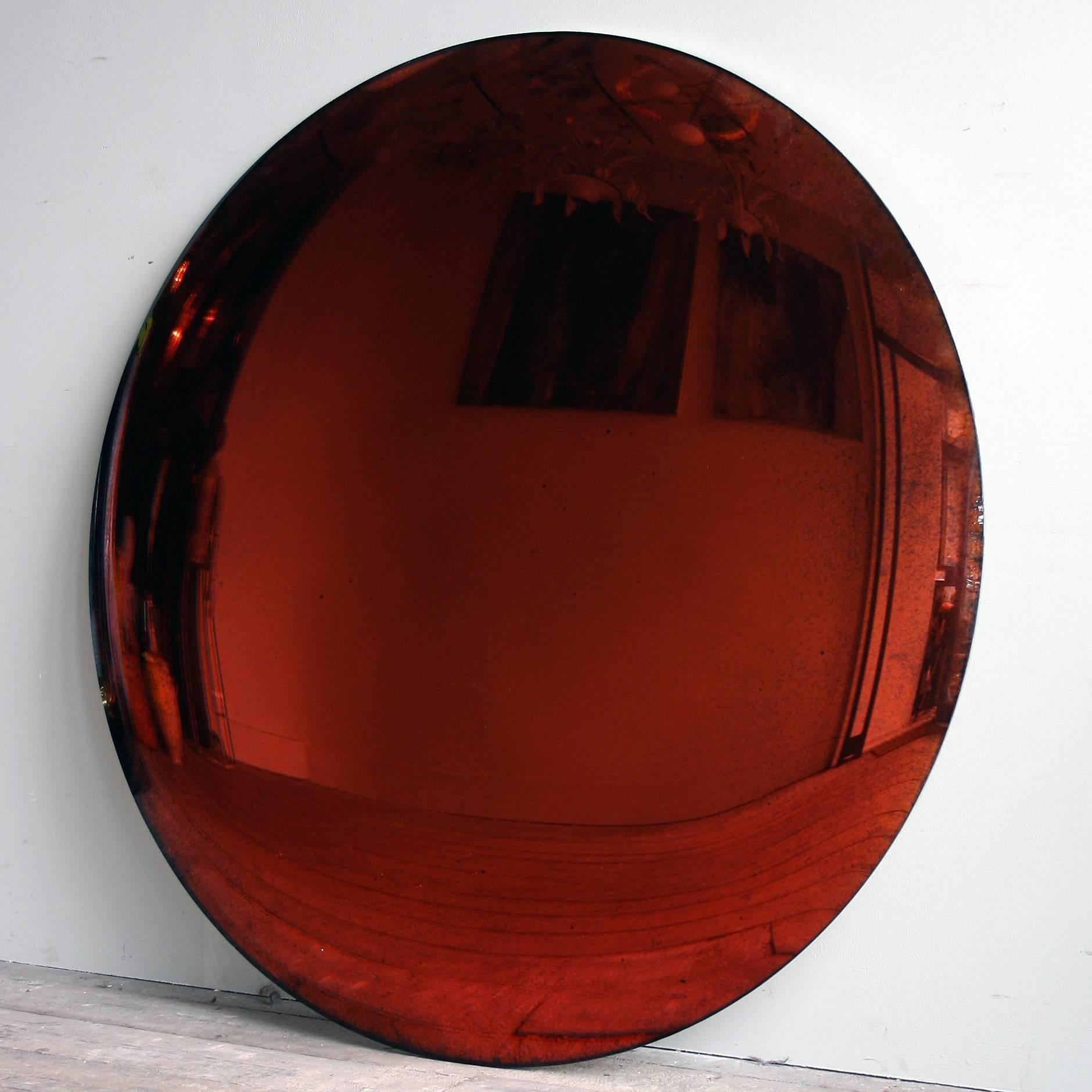 Glass Large Antiqued Copper Convex Mirror For Sale