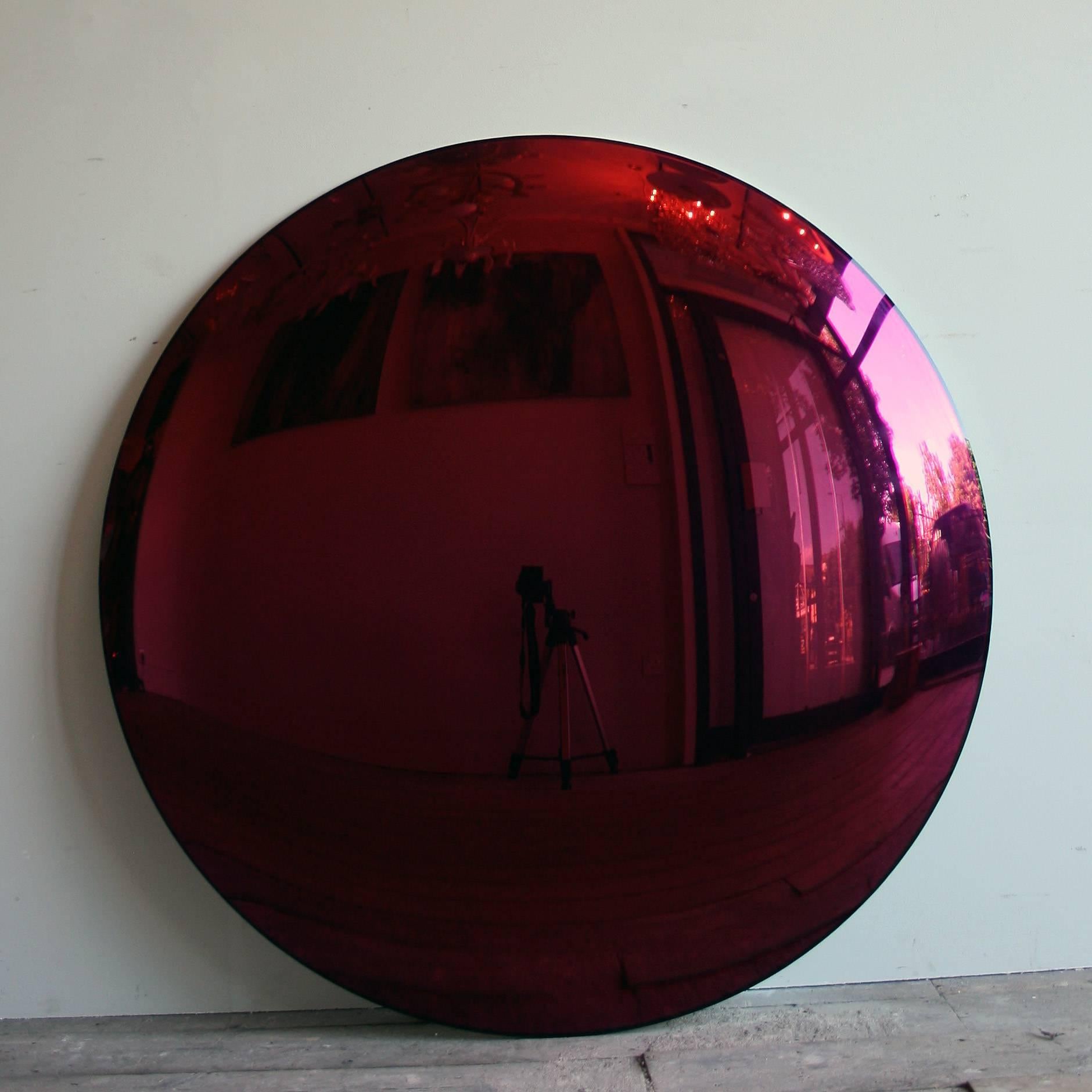 A large Purple convex mirror 100cm in diameter with three bespoke clips for wall installation. A real statement piece!

All color mirrors have a two-three week lead time as all made to order.

As each mirror is bespoke made, will need a 50% deposit