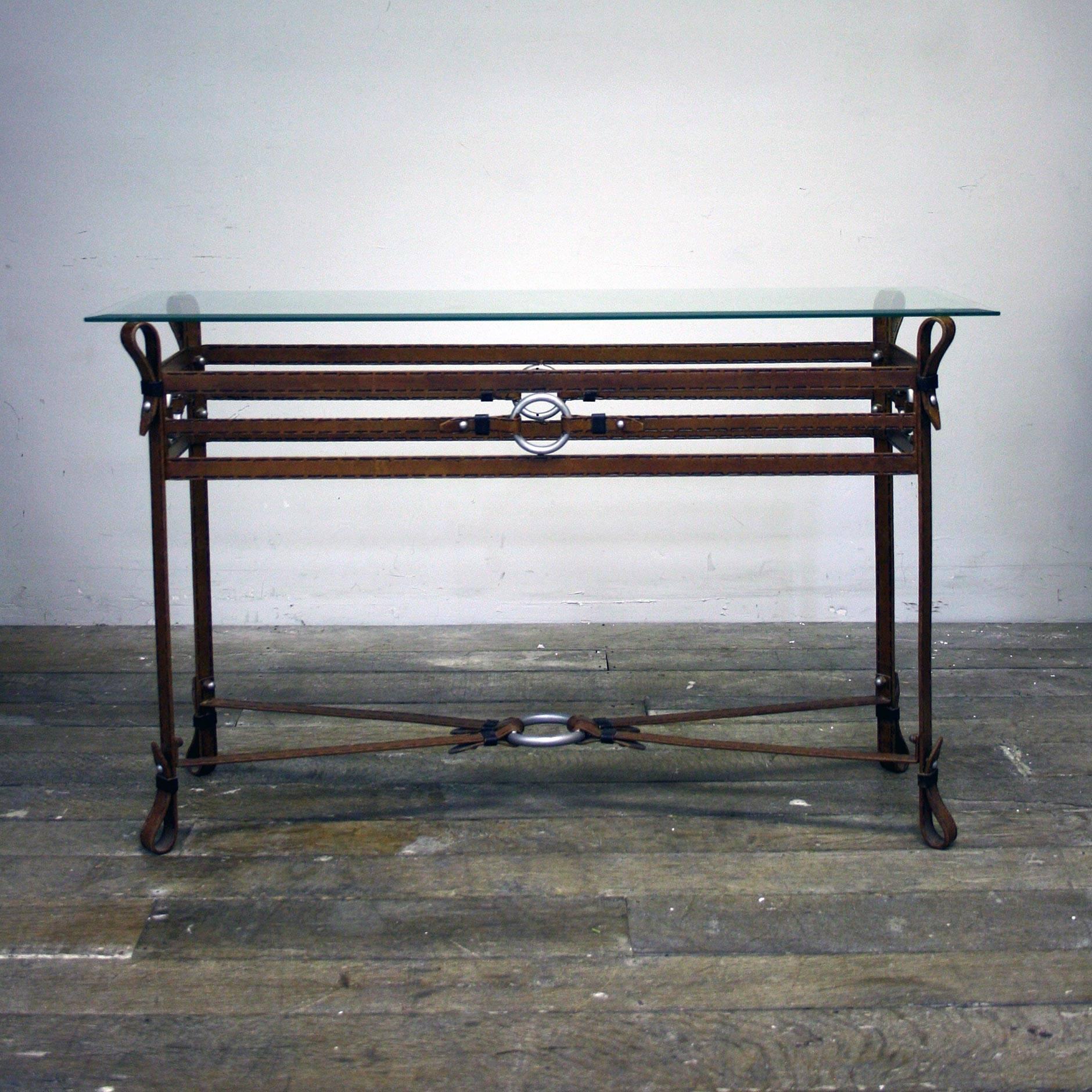 Hermes Style Faux Leather Metal Console Table 1