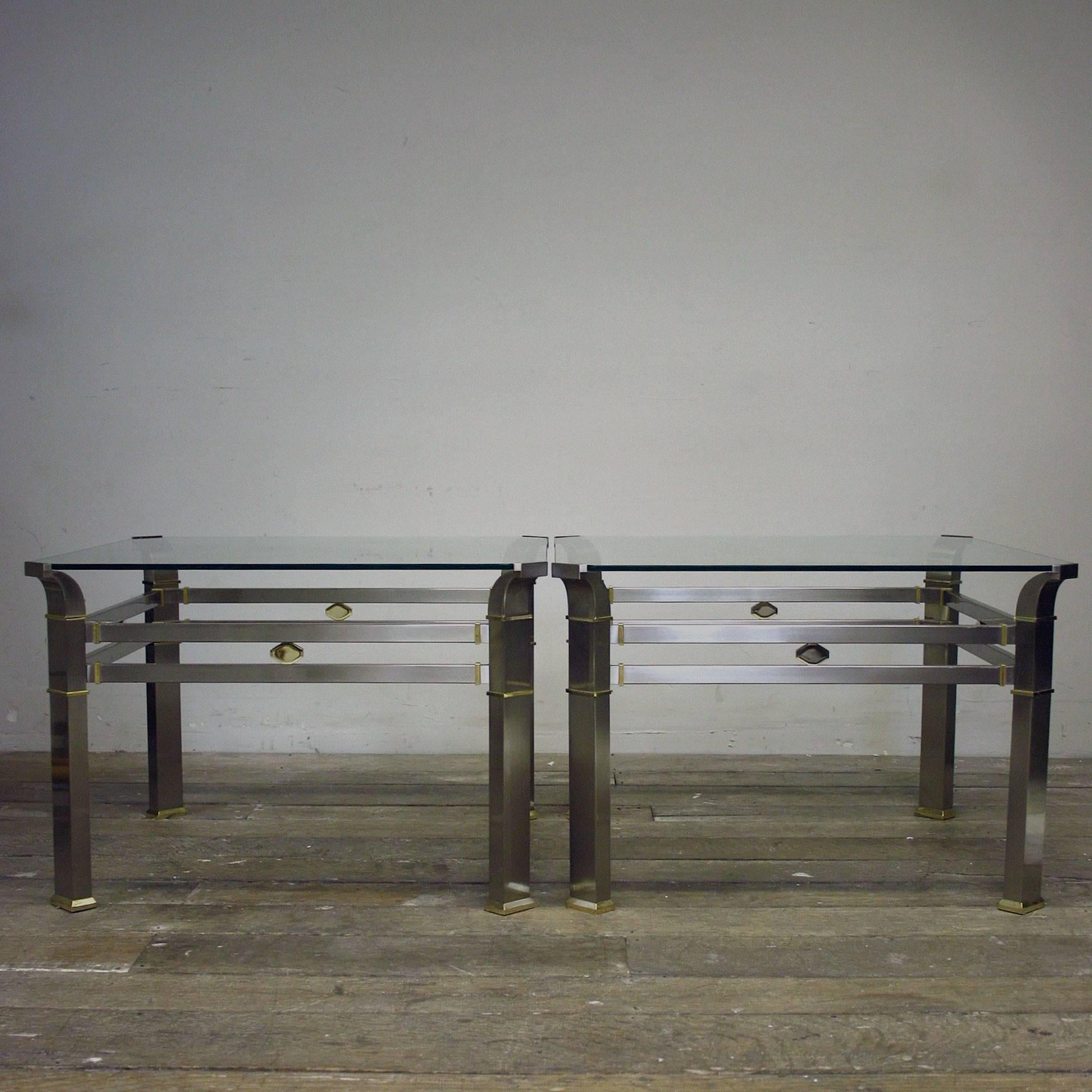 Italian Pair of Brushed Steel and Brass Side Tables For Sale