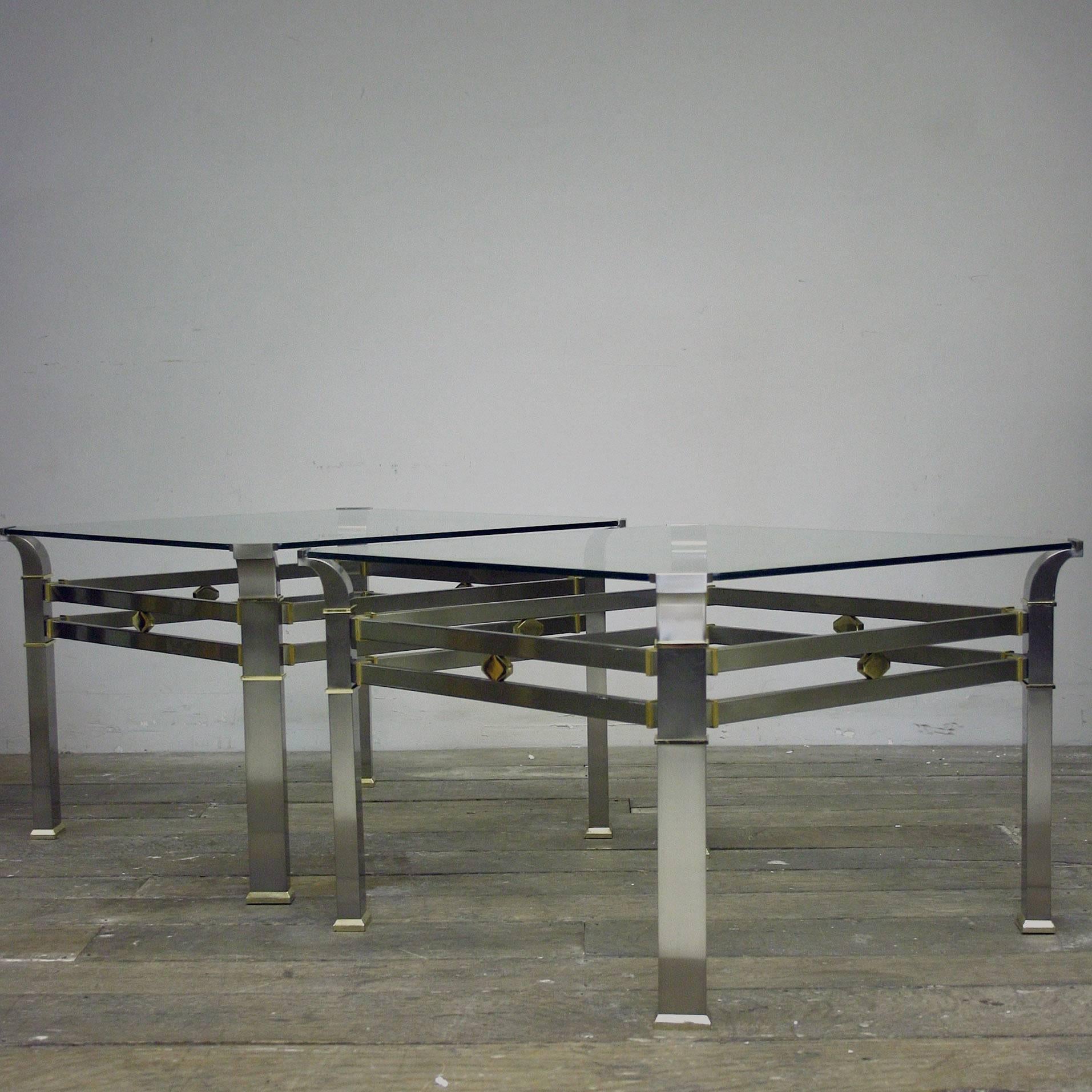 Late 20th Century Pair of Brushed Steel and Brass Side Tables For Sale