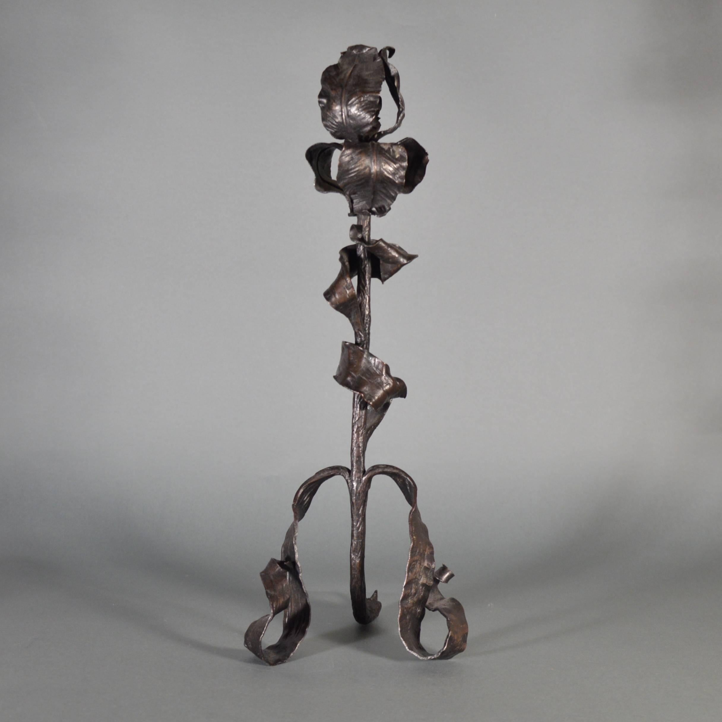French Pair of Patinated Iron Rose-Shaped Candlesticks
