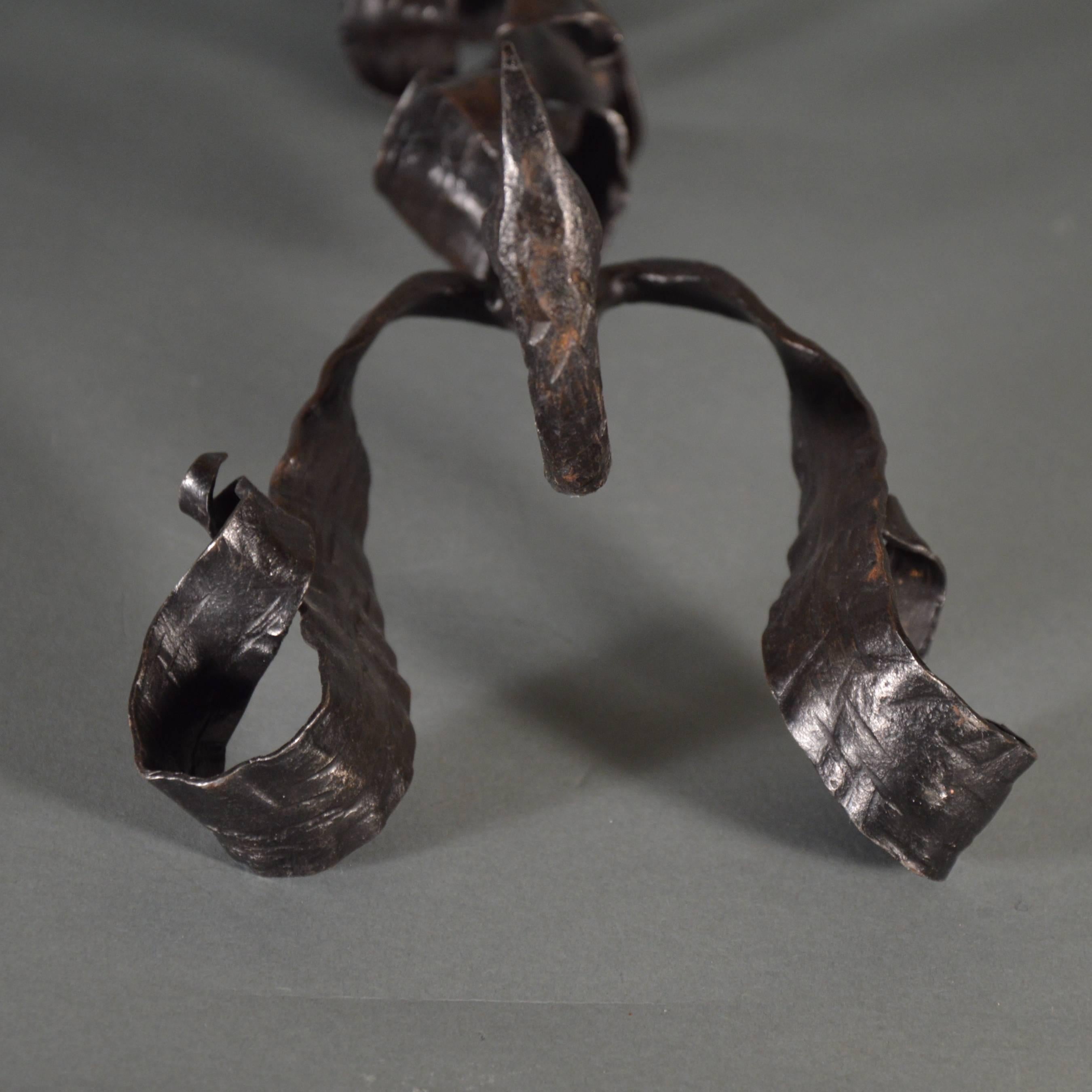 Pair of Patinated Iron Rose-Shaped Candlesticks 2