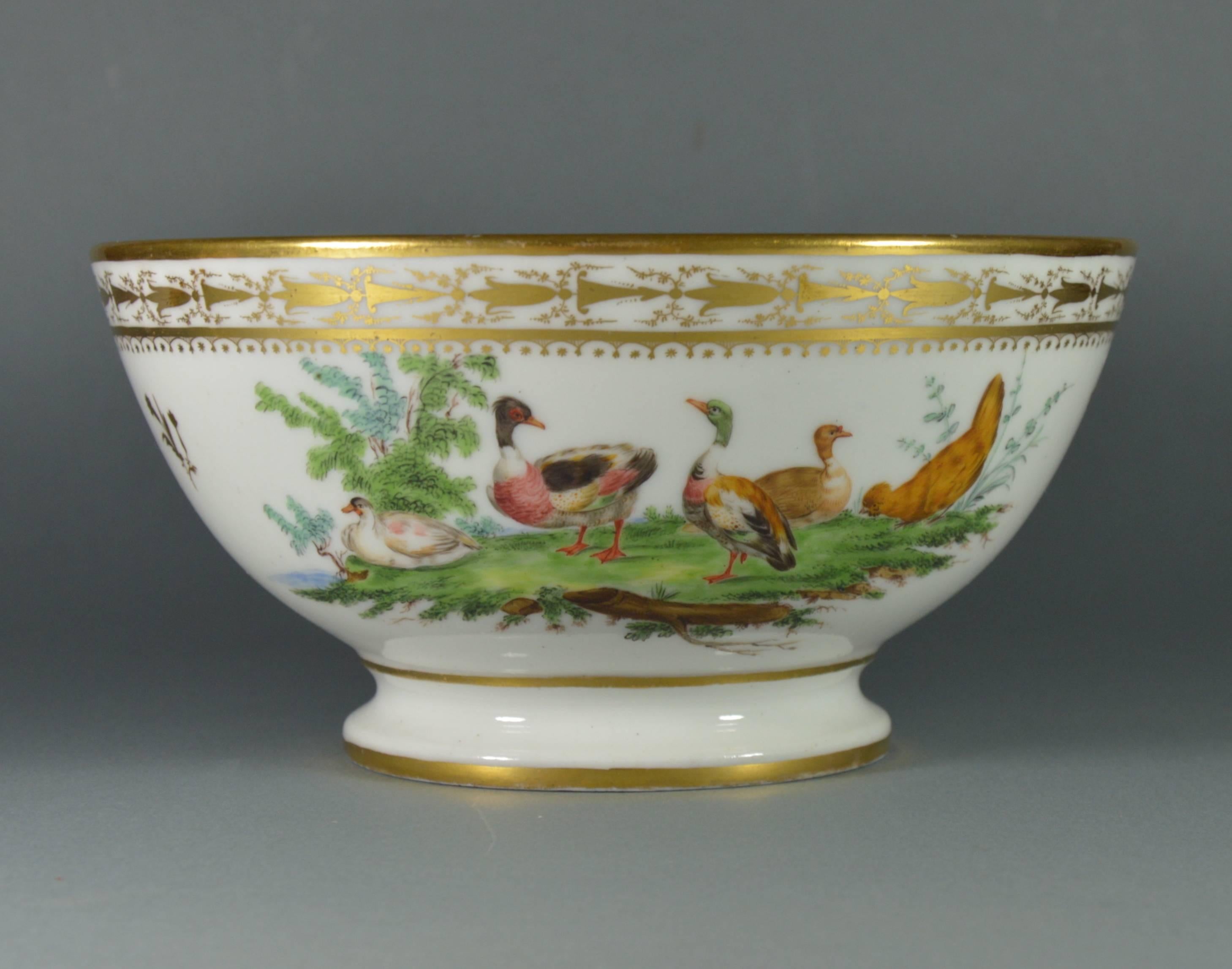 Old Brussels porcelain slop bowl attributed to Louis Cretté manufacture (1788-1813). Magnificent high-quality polychrome and gilt decoration very typical for Louis Cretté works. The centre face of the bowl is finely-painted with coqs.
Dimensions: Ø