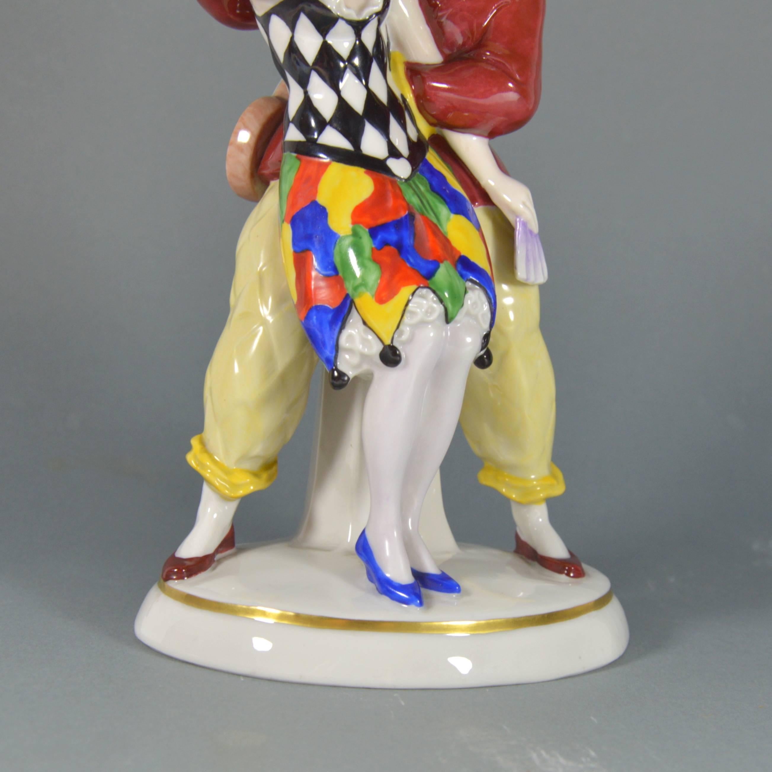 Early 20th Century German Art Deco Porcelain Figurine Katzhutte Harlequin and Columbine