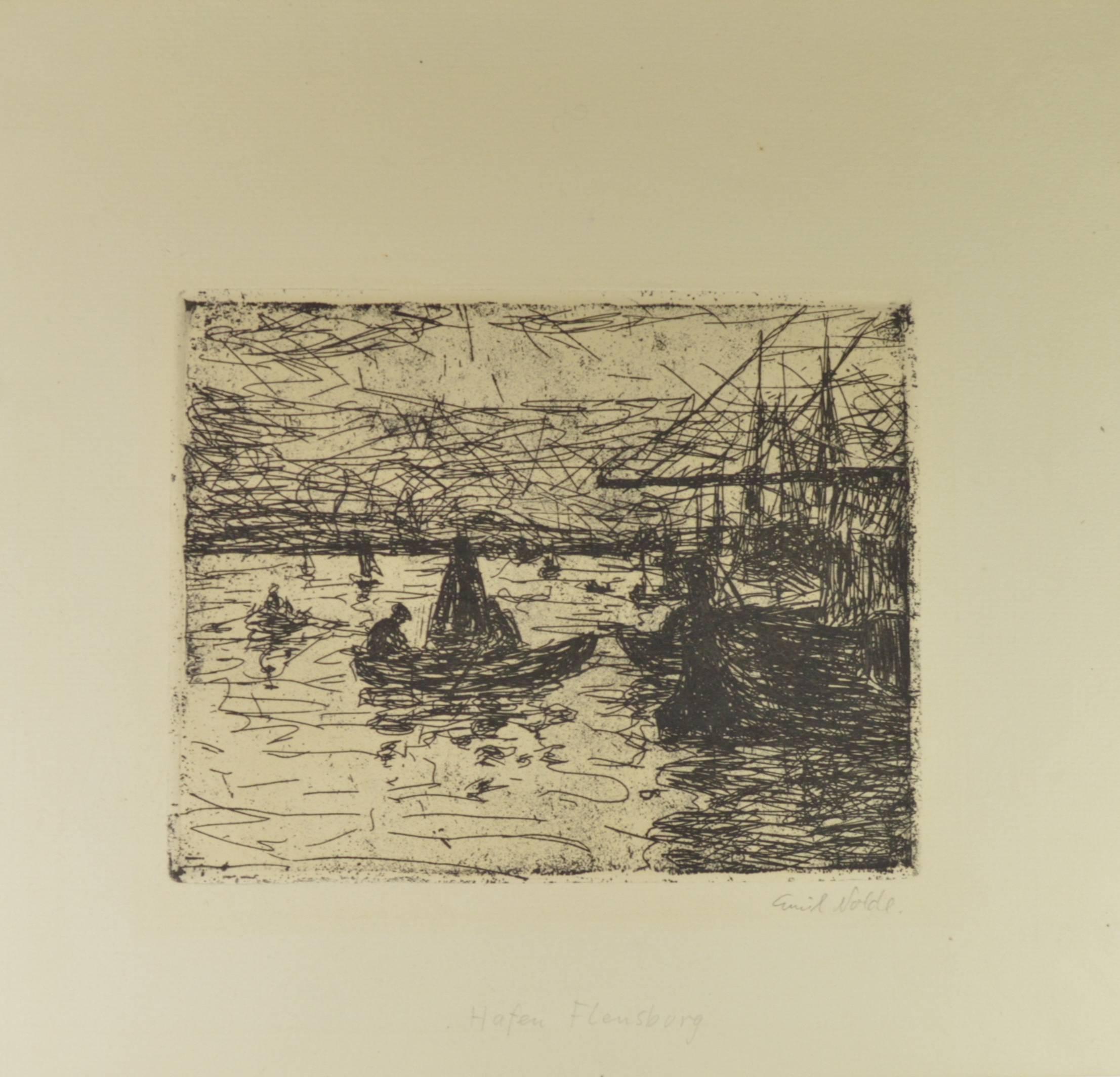 Original etching by German Expressionist Emil Nolde (1867-1956) Harbor in Flandburg (Hafen in Flansburg), 1907. Edition: 23 ex.
Dimensions 19 x 15 cm (28.9 x 28 cm).
Literature: Emil Nolde. Das graphische Werk von Gustav Schiefler. Dumont, 1995.