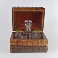 French Book Shaped Liquor Leather Box with Baccarat Glass