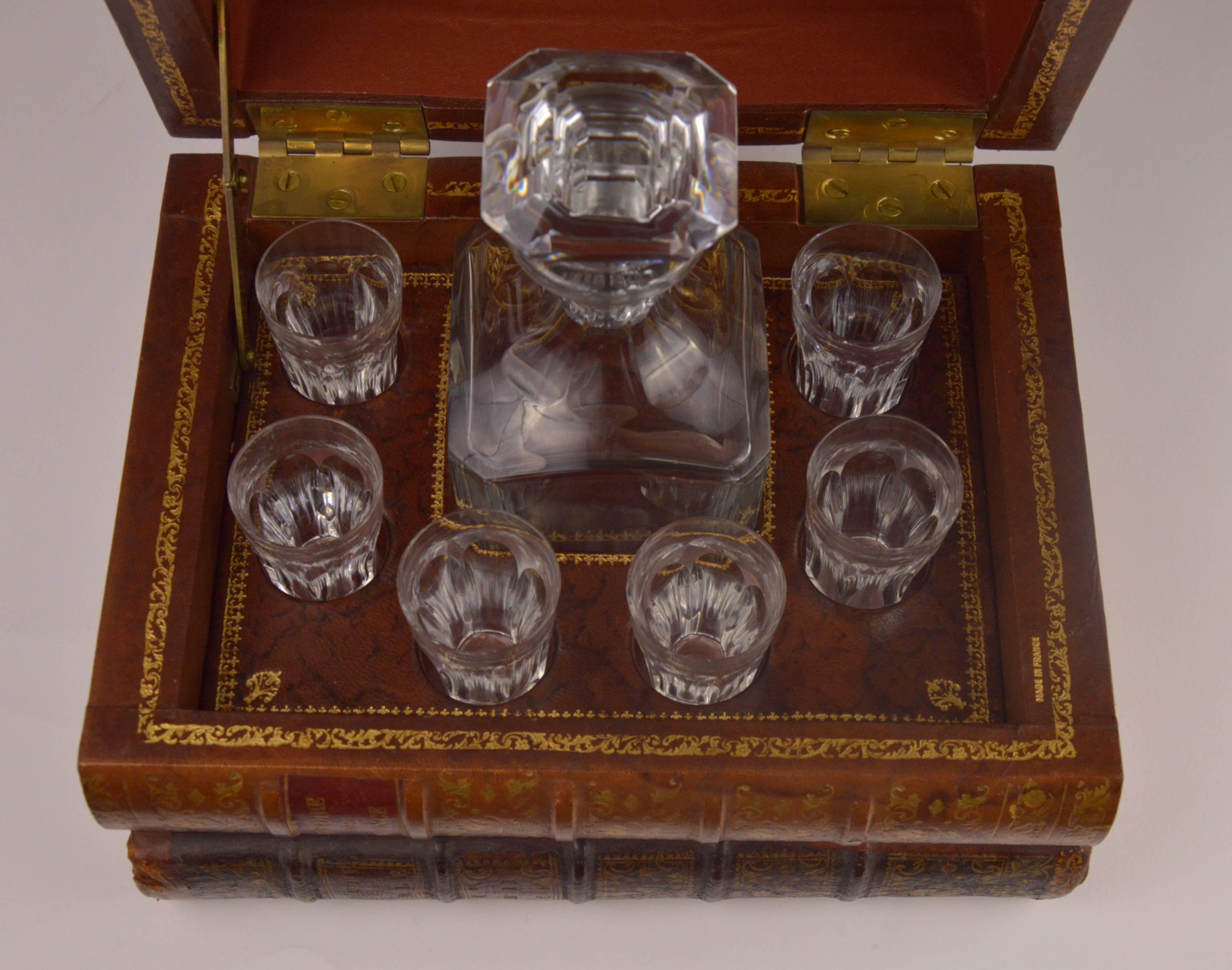 French Book Shaped Liquor Leather Box with Baccarat Glass 4