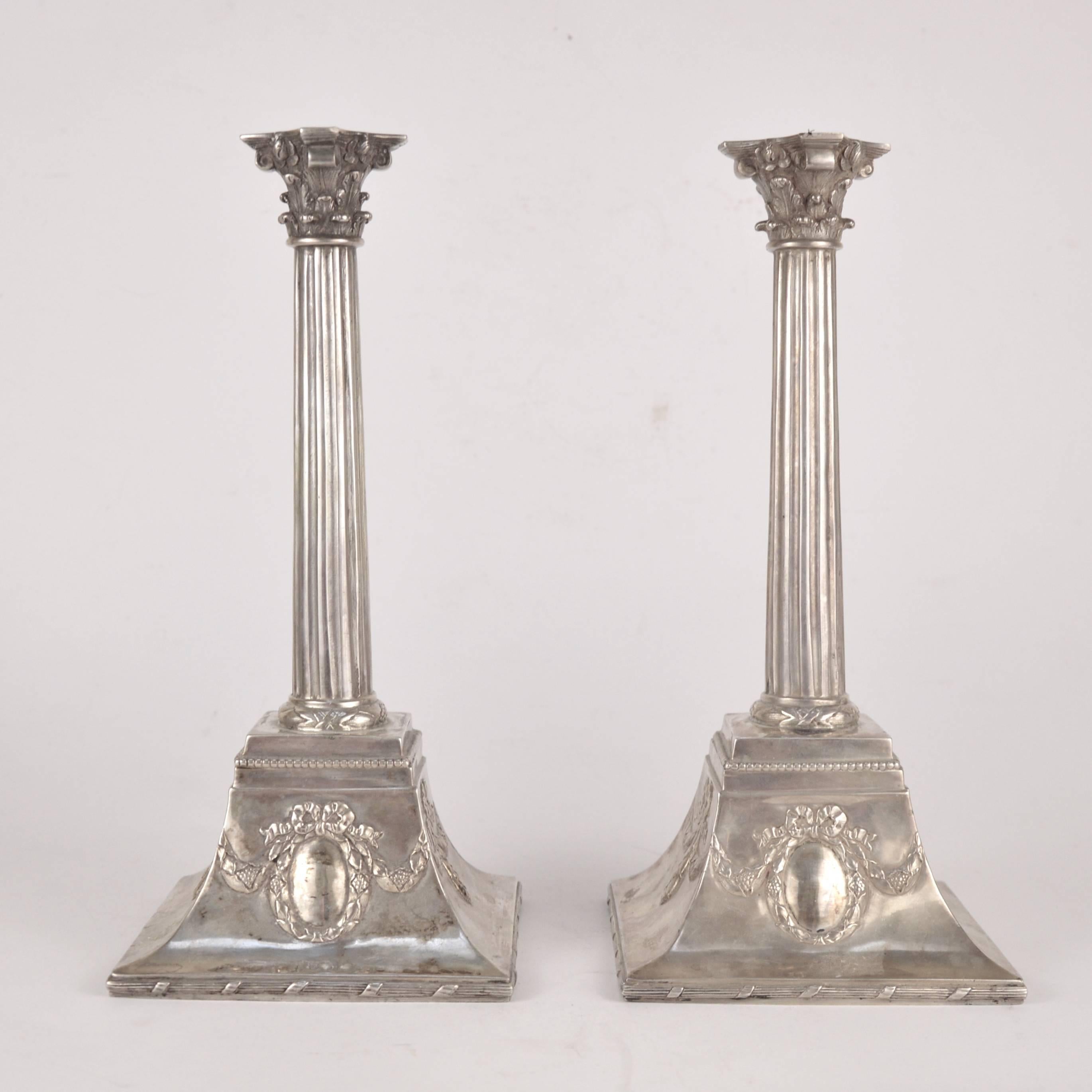 Empire Pair of English Silver Candlesticks, 19th Century