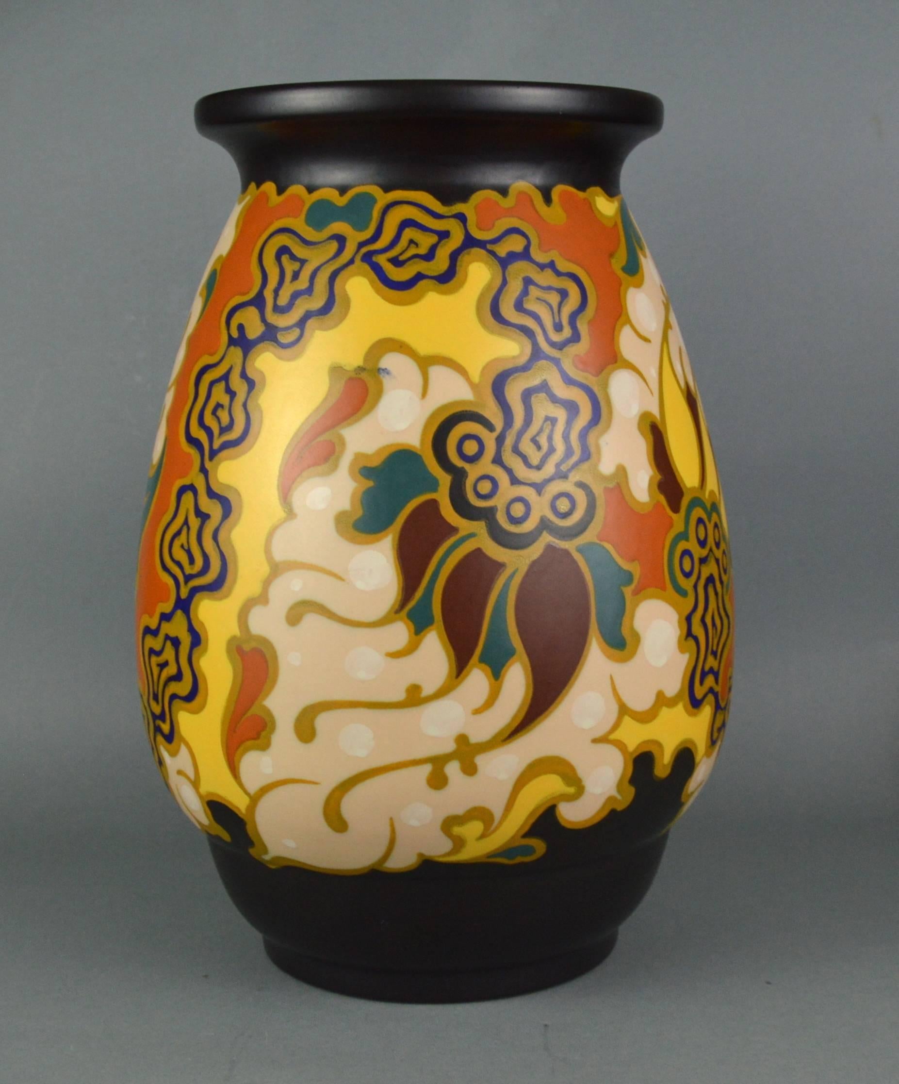 Dutch Large Hand-Painted Gouda Regina Floral Vase in 20th Century Design