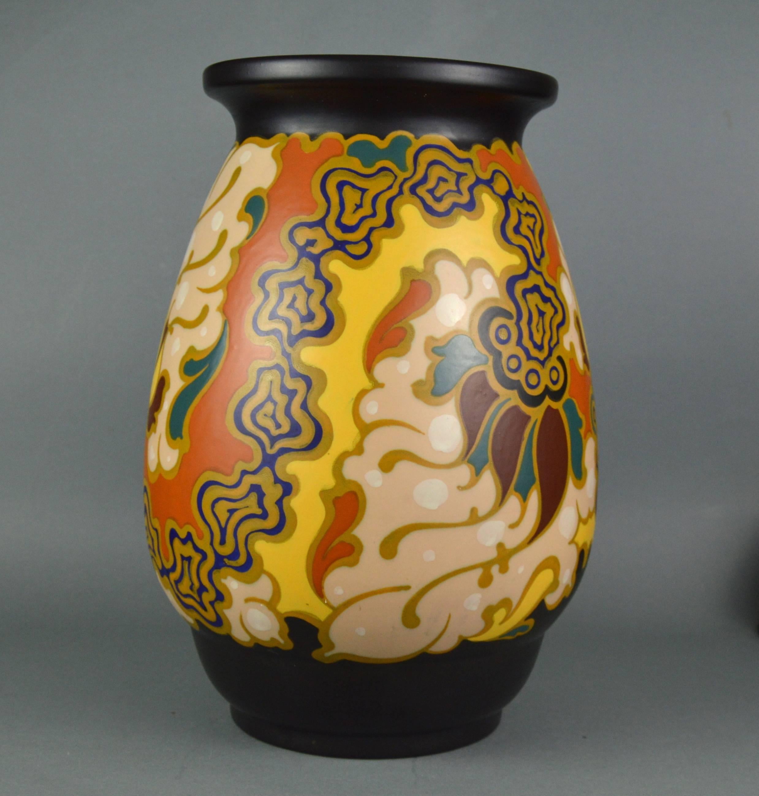 Mid-20th Century Large Hand-Painted Gouda Regina Floral Vase in 20th Century Design