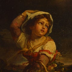 Painting Young Girl with a Basket of Fruits Escaping from a Coming Storm