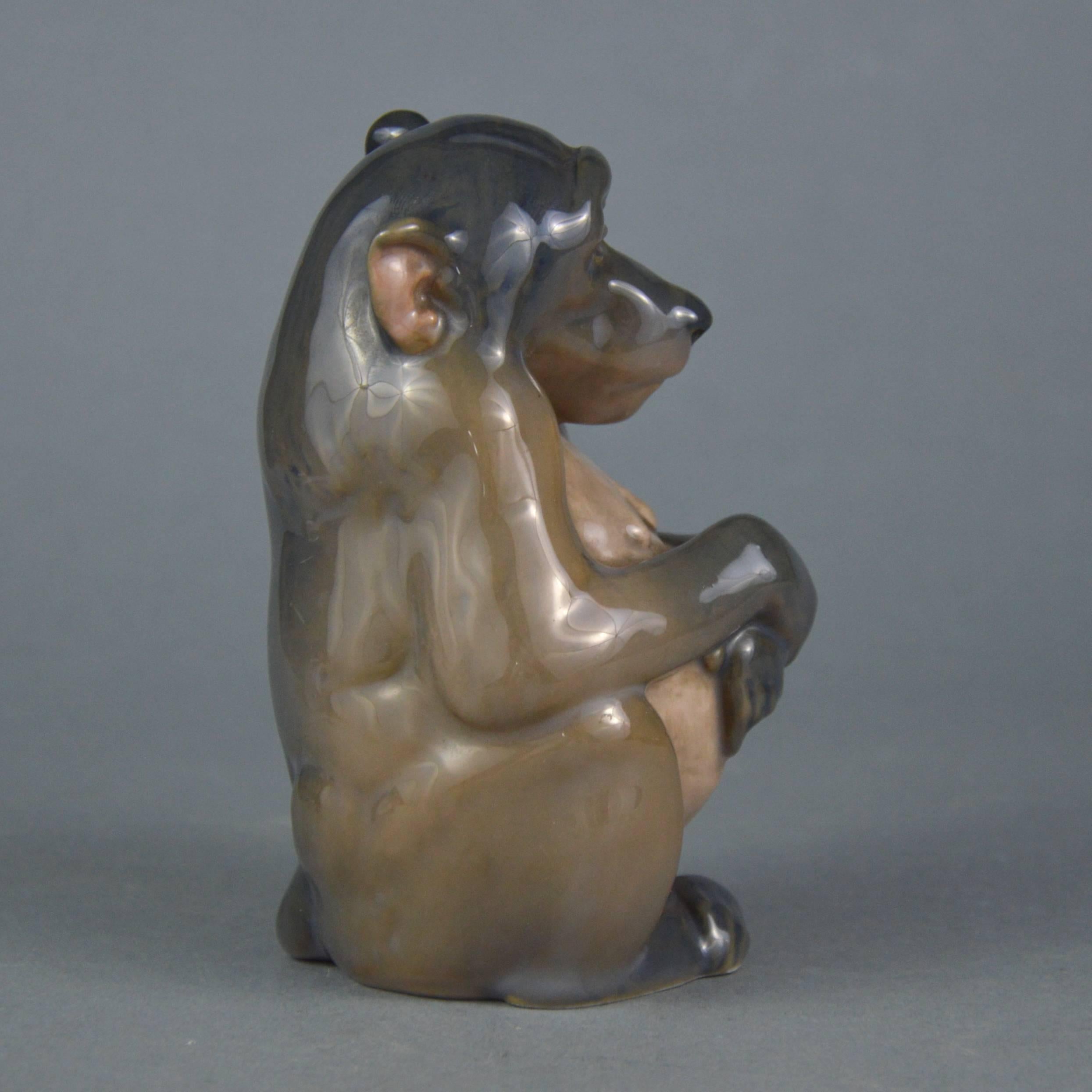 Cast Royal Copenhagen Porcelain Figurine of a Sitting Monkey by Niels Nielsen, 1913