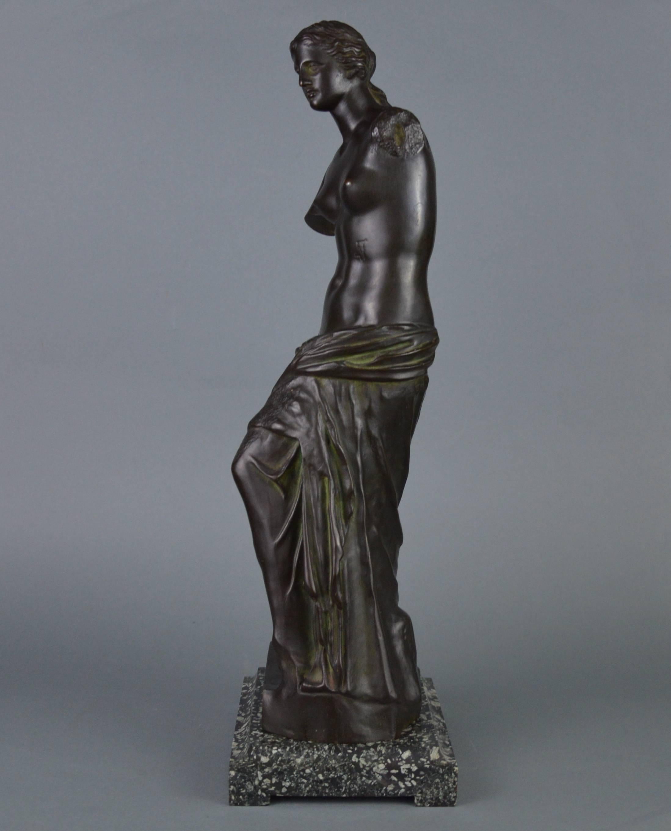 Cast Bronze Sculpture of Venus de Milo, Black Patina, Green Flamed Marble Stand