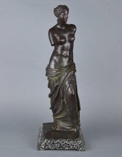 Bronze Sculpture of Venus de Milo, Black Patina, Green Flamed Marble Stand