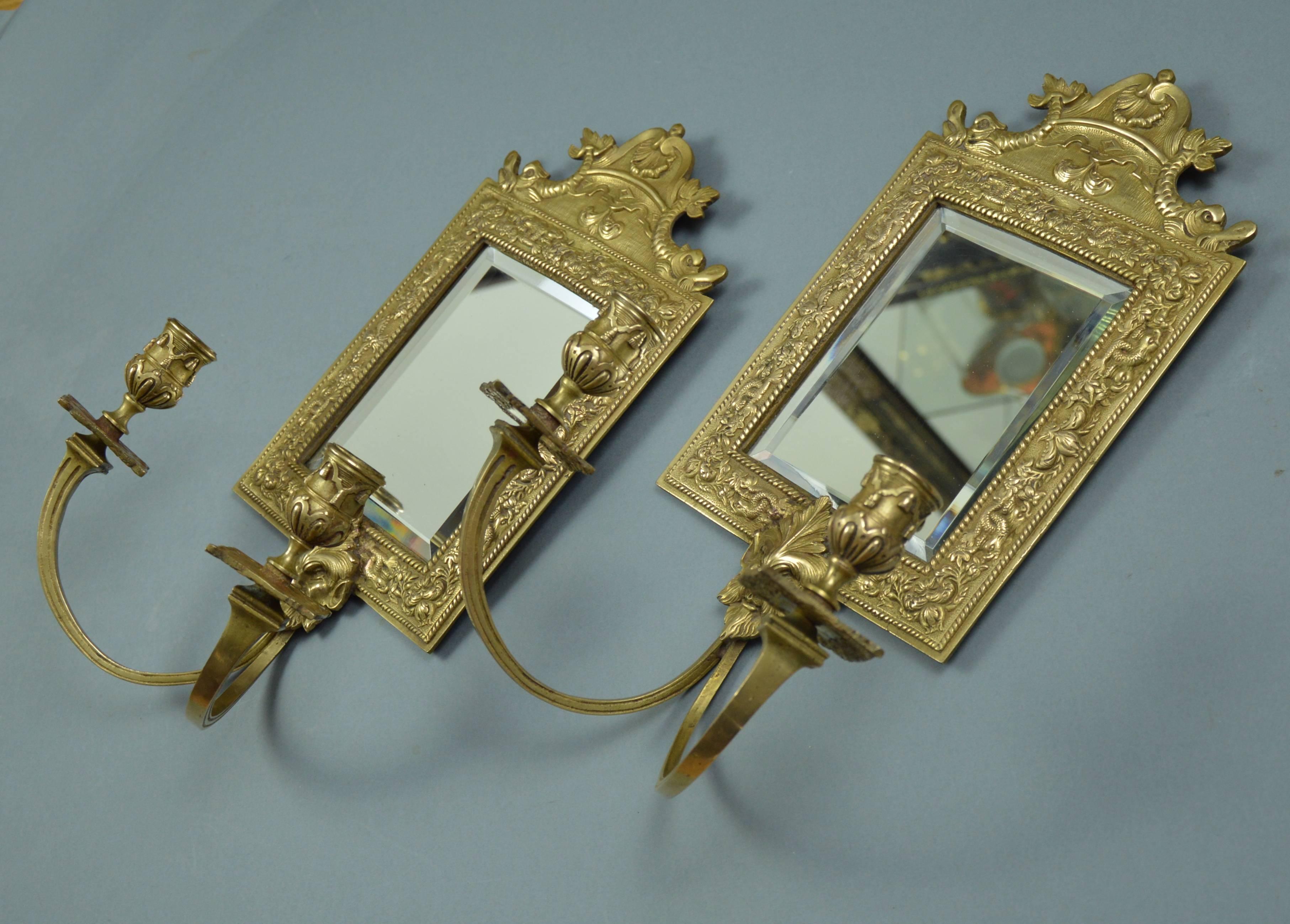 Pair of Antique Louis XIV Style Bronze Wall Sconces with Mirrors, 19th Century 3