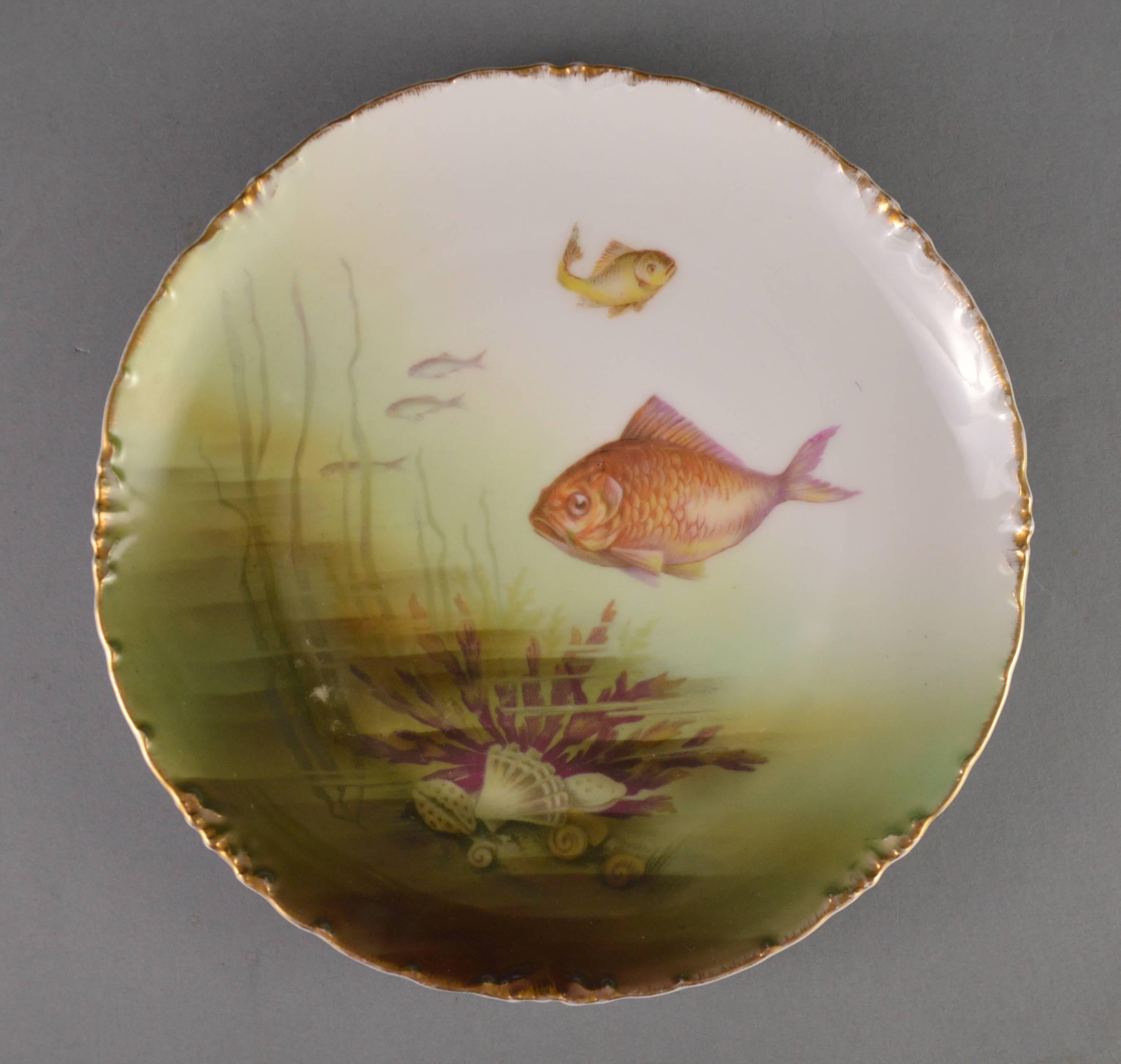 Antique Rosenthal Porcelain Fish Service, Large Dish and Ten Plates, 1910 1