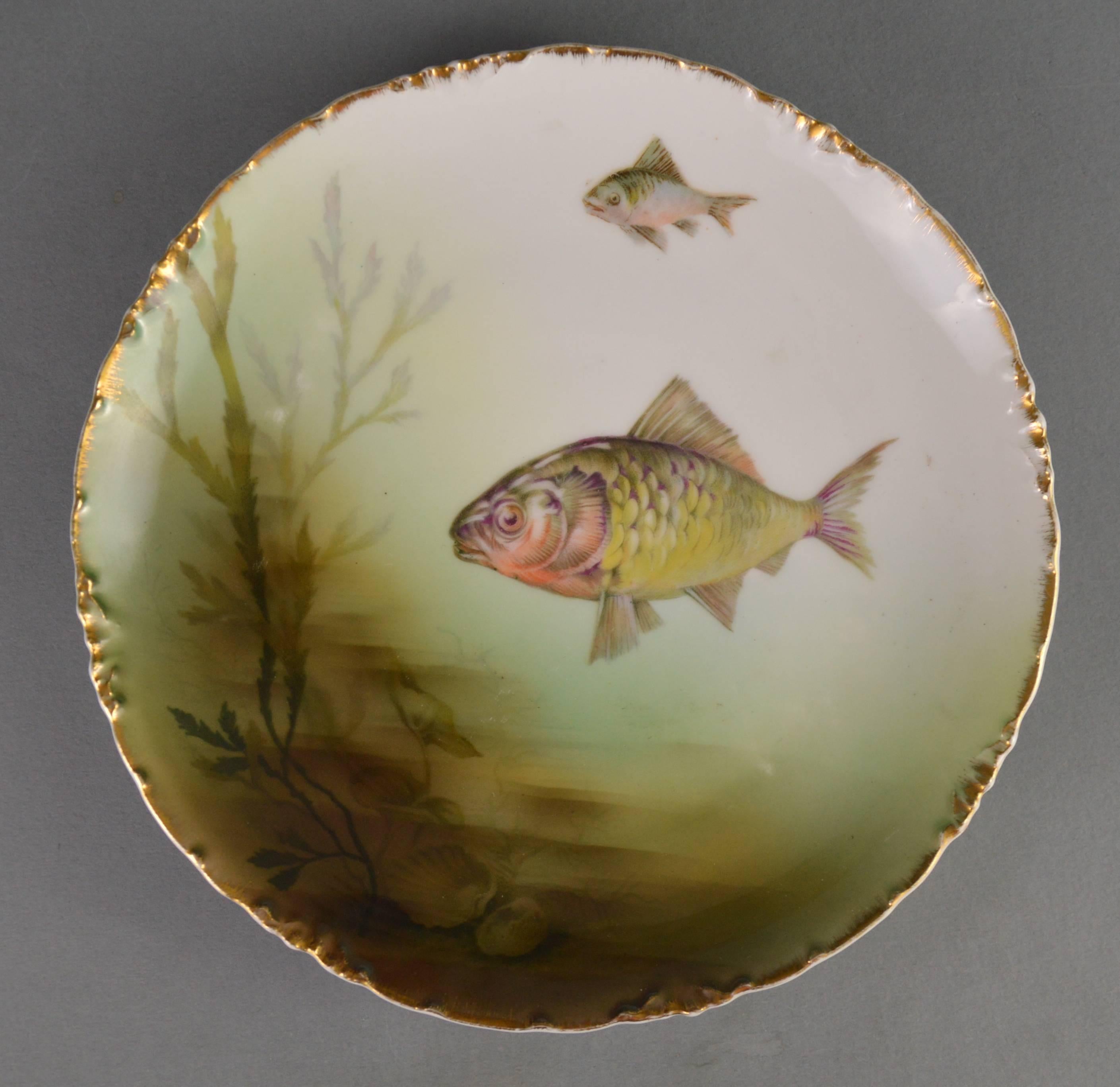 Antique Rosenthal Porcelain Fish Service, Large Dish and Ten Plates, 1910 In Good Condition In Brussels, BE