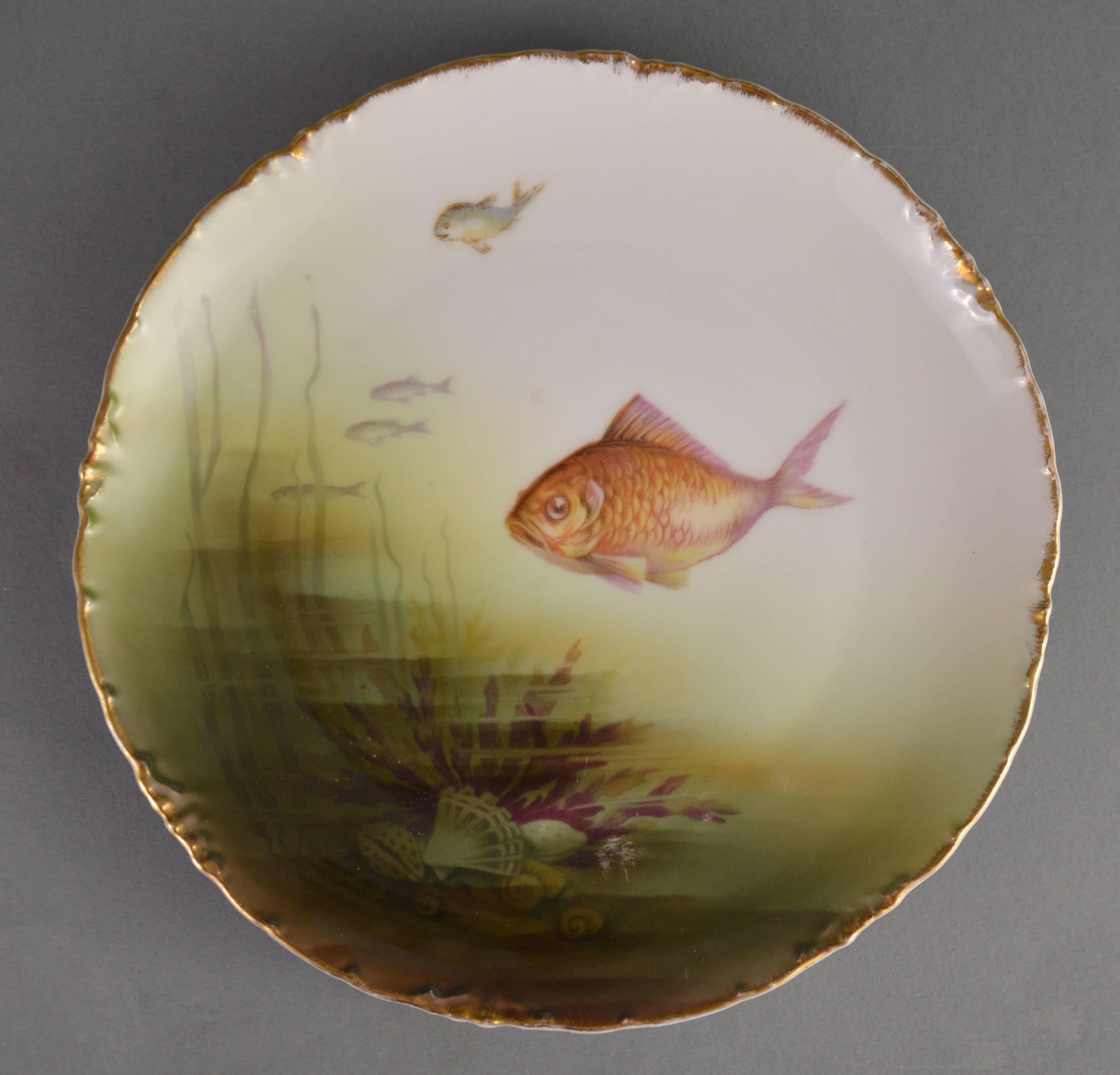 Art Nouveau Antique Rosenthal Porcelain Fish Service, Large Dish and Ten Plates, 1910