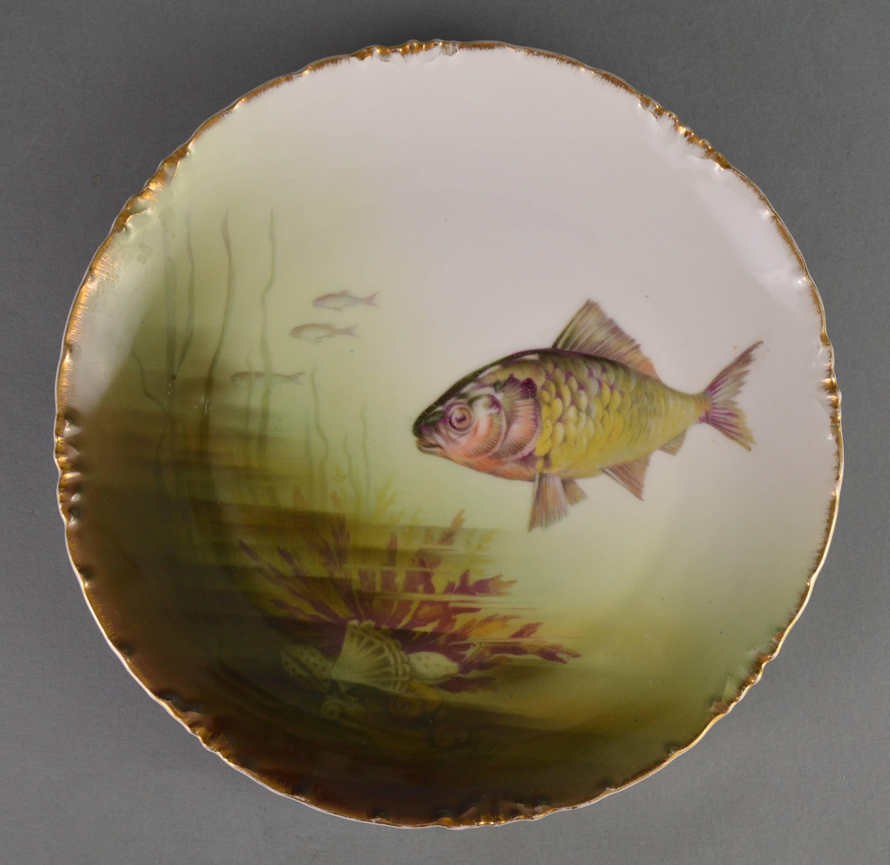 Cast Antique Rosenthal Porcelain Fish Service, Large Dish and Ten Plates, 1910