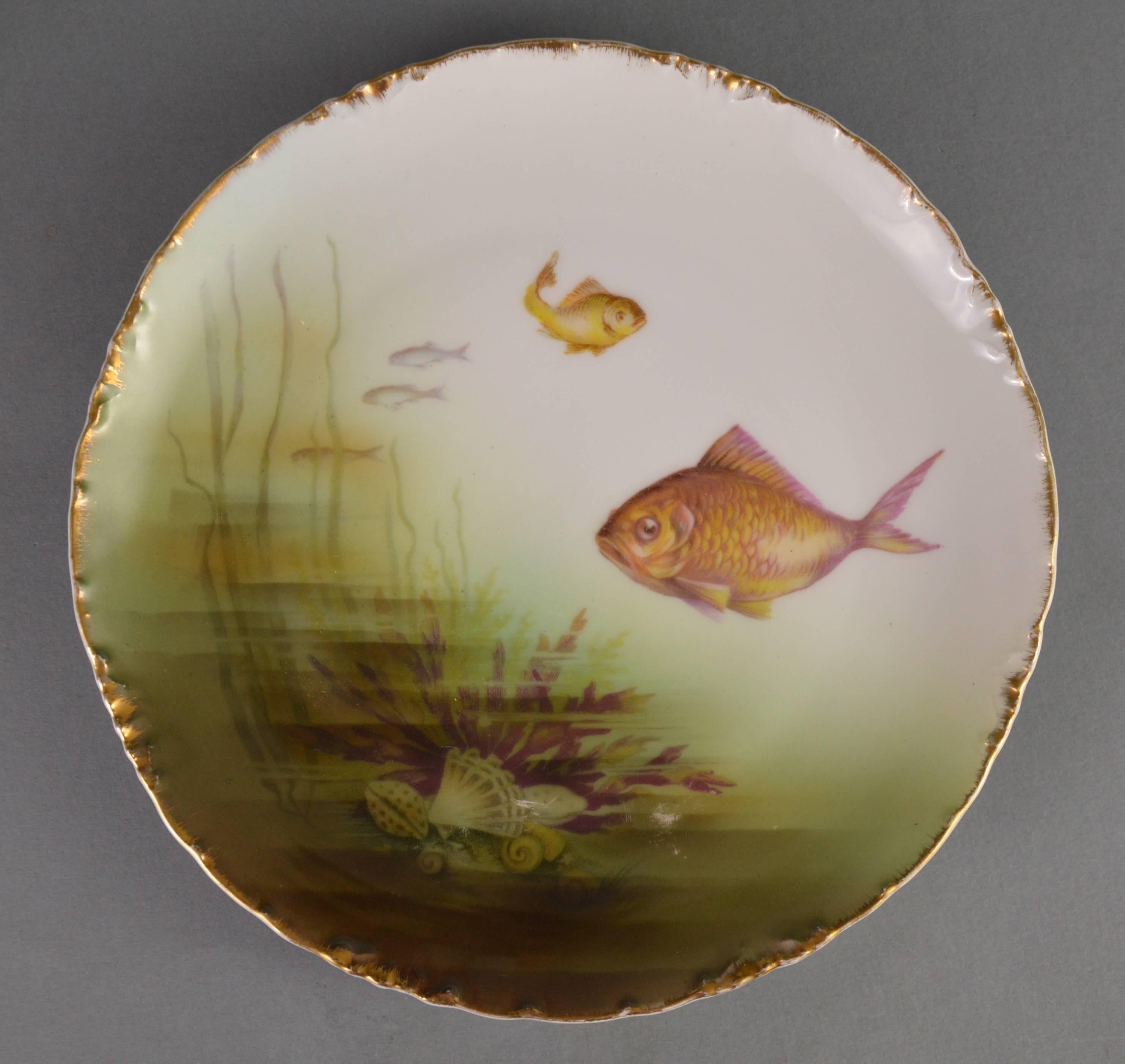 German Antique Rosenthal Porcelain Fish Service, Large Dish and Ten Plates, 1910