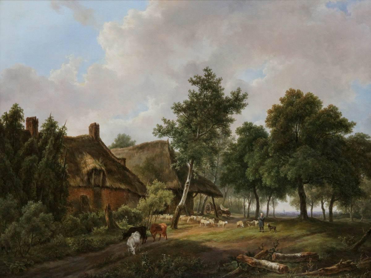 A village scene in a landscape setting with a shepherd and his flock. Attributed to Henri Van Assche (1774-1841). Flemish school, 19th century.
Medium: oil on canvas in its original gilt frame.
Dimensions: 30 in. x 22 in. (75 x 57 cm), frame: 39