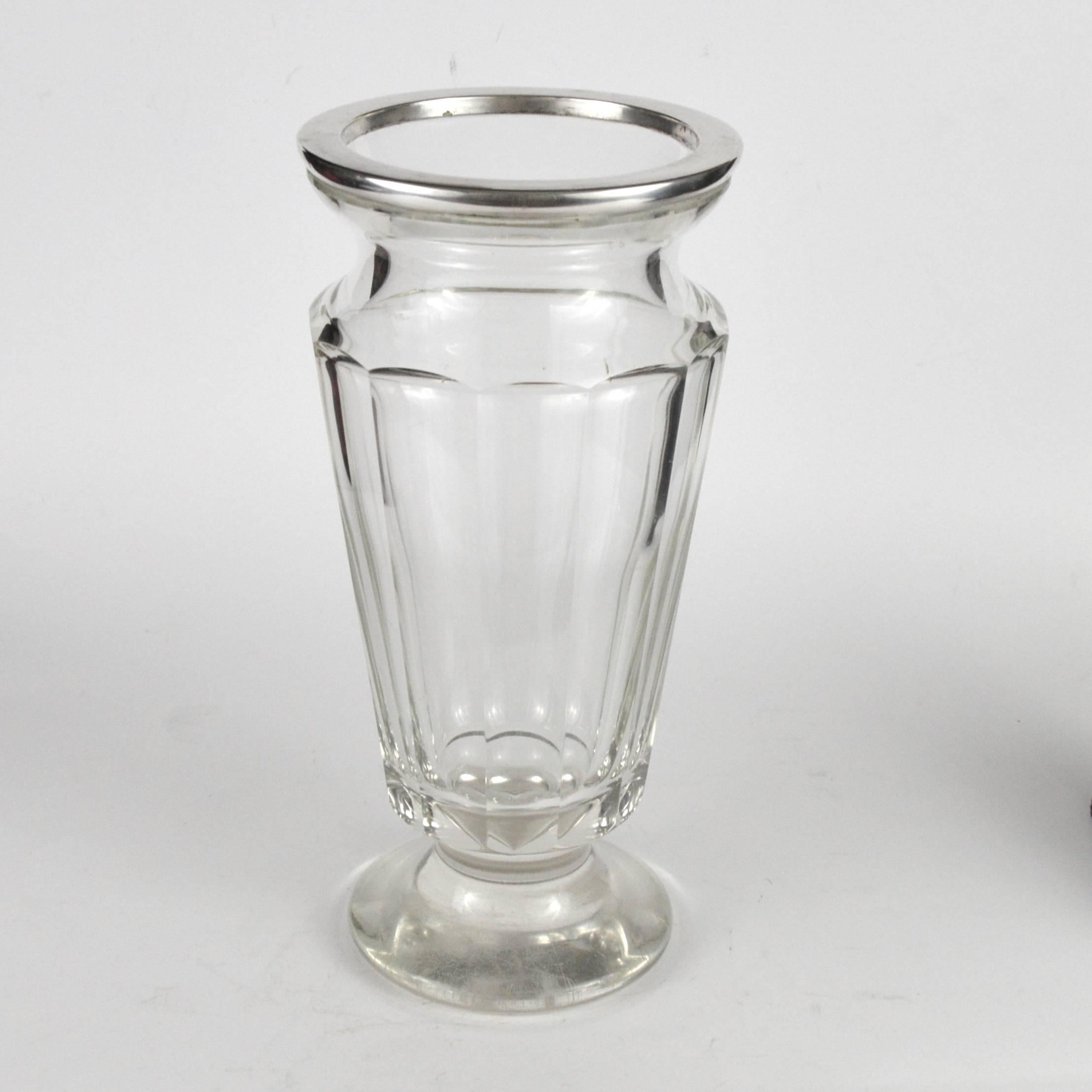 Mid-20th Century Art Deco Belgian Val Saint Lambert Crystal and Silver Mounted Vase by Wolfers