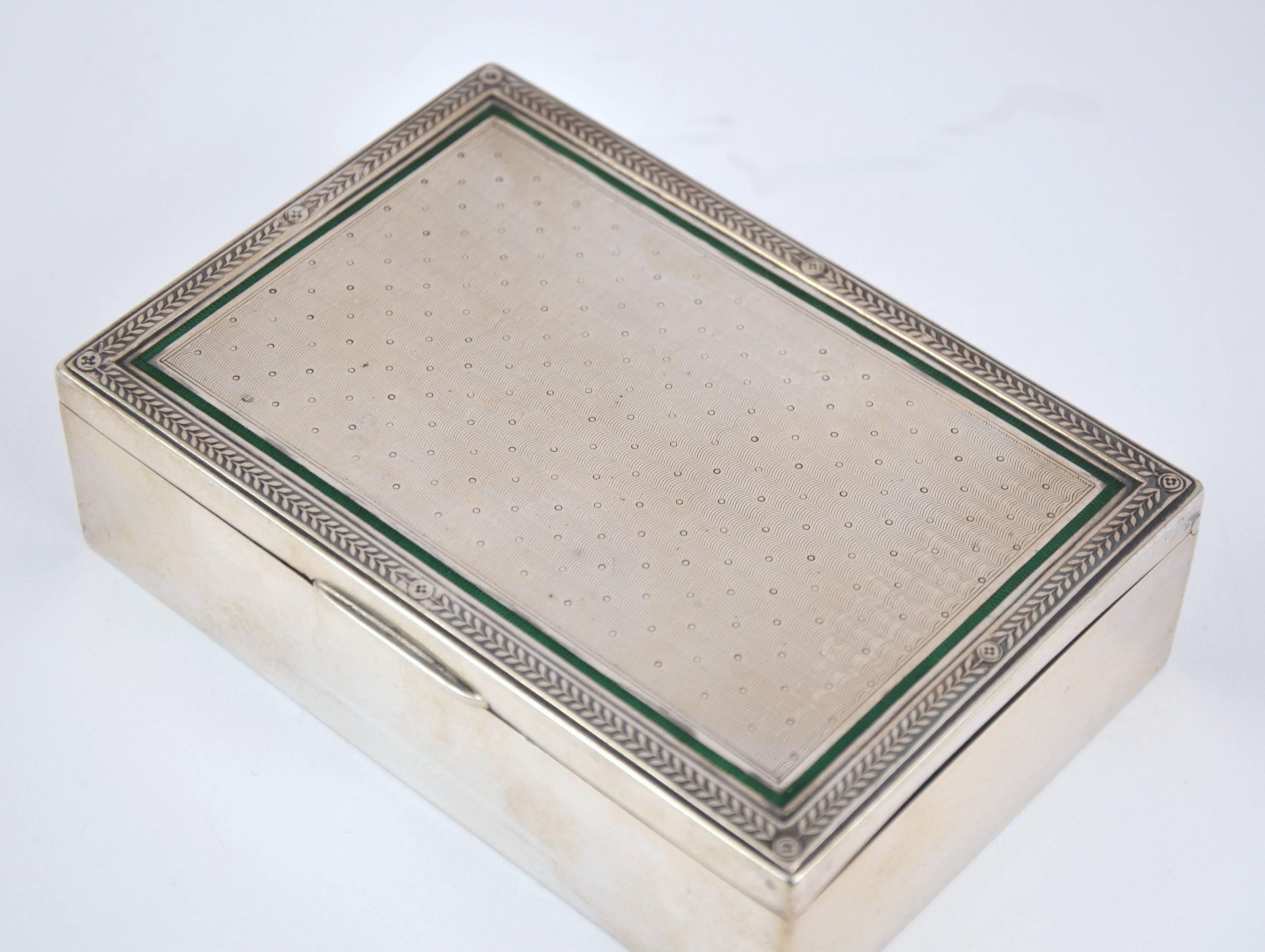 Georg Adam Scheid (act. 1858-1913) silver and green enamel cigarette box. Late 19th-early 20th century, Austria, Vienna. Silver 900/1000, enamel, wood.