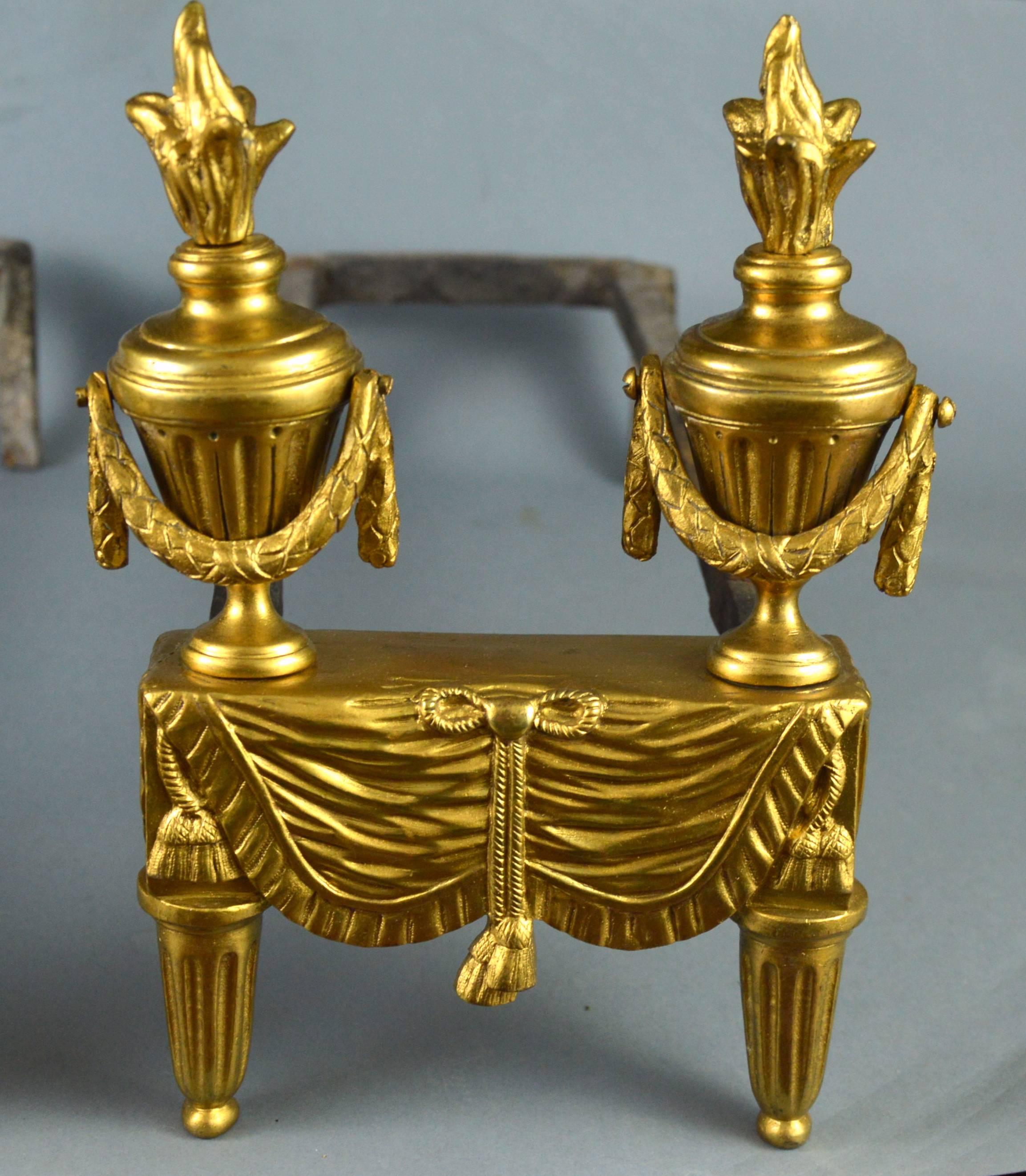 Louis XIV Pair of Antique French Gilt Bronze Andirons in a Style of Louis XVI 19th Century